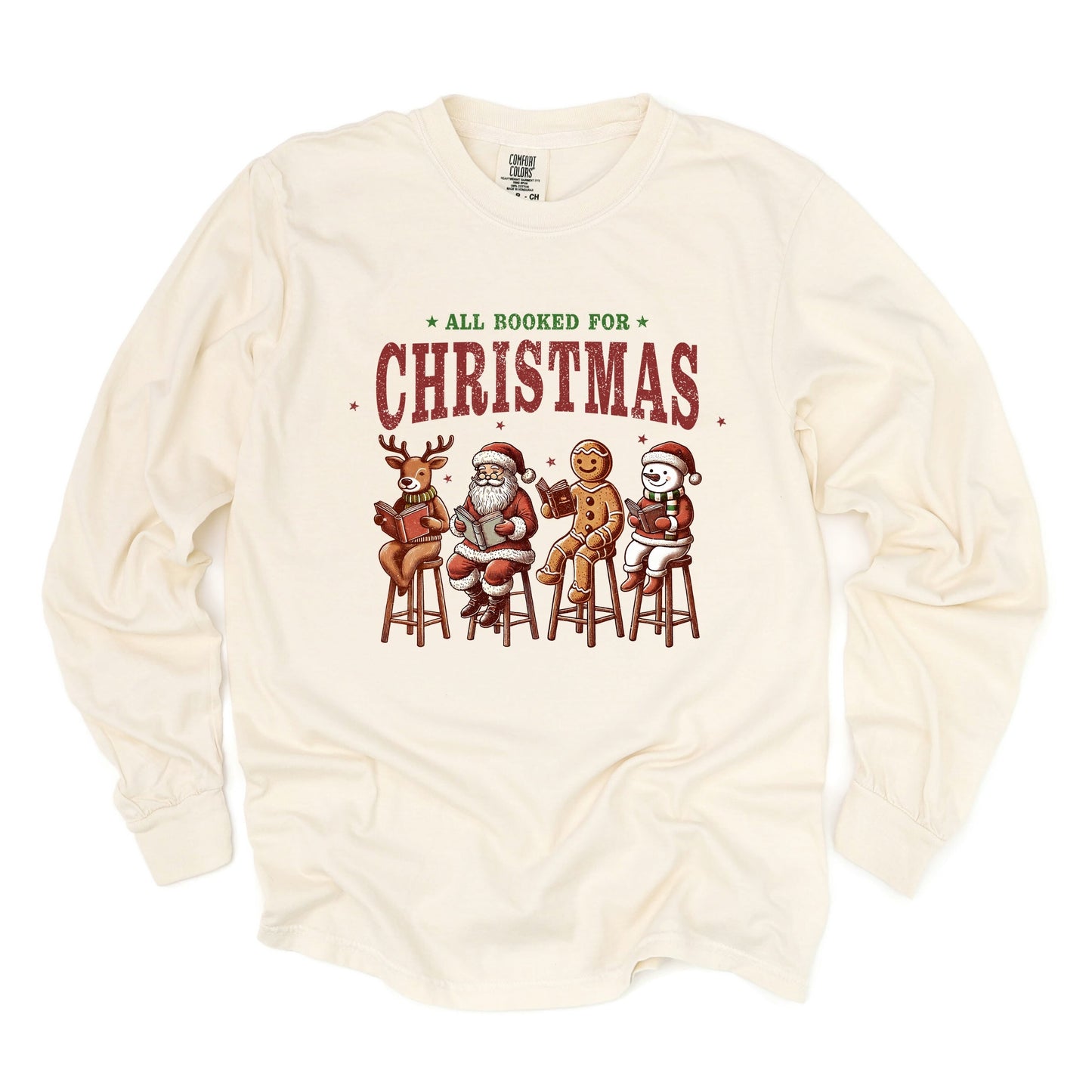 Booked For Christmas Stool - Women's Garment Dyed Long Sleeve Graphic T-Shirt