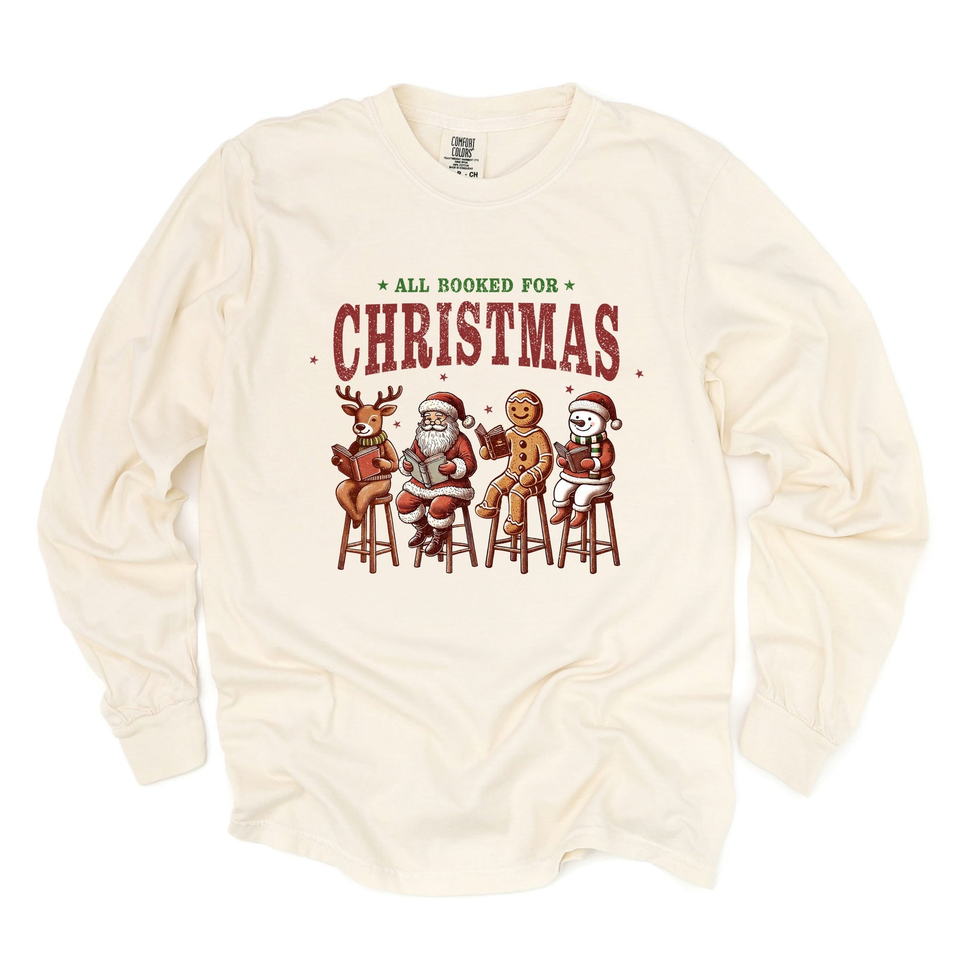 Booked For Christmas Stool - Women's Garment Dyed Long Sleeve Graphic T-Shirt