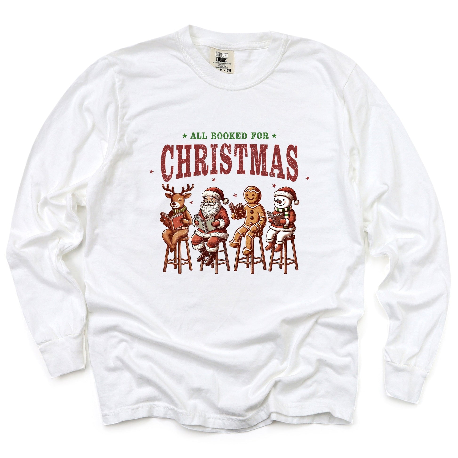 Booked For Christmas Stool - Women's Garment Dyed Long Sleeve Graphic T-Shirt