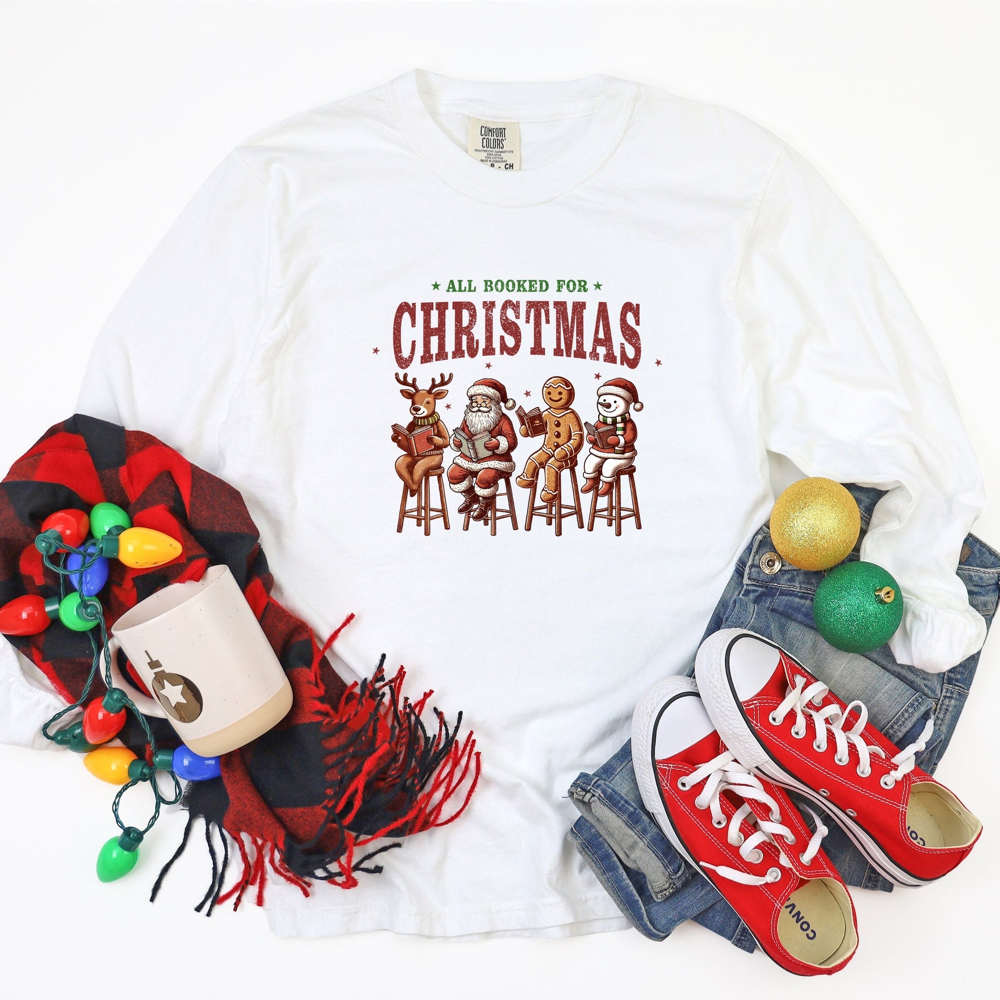 Booked For Christmas Stool - Women's Garment Dyed Long Sleeve Graphic T-Shirt