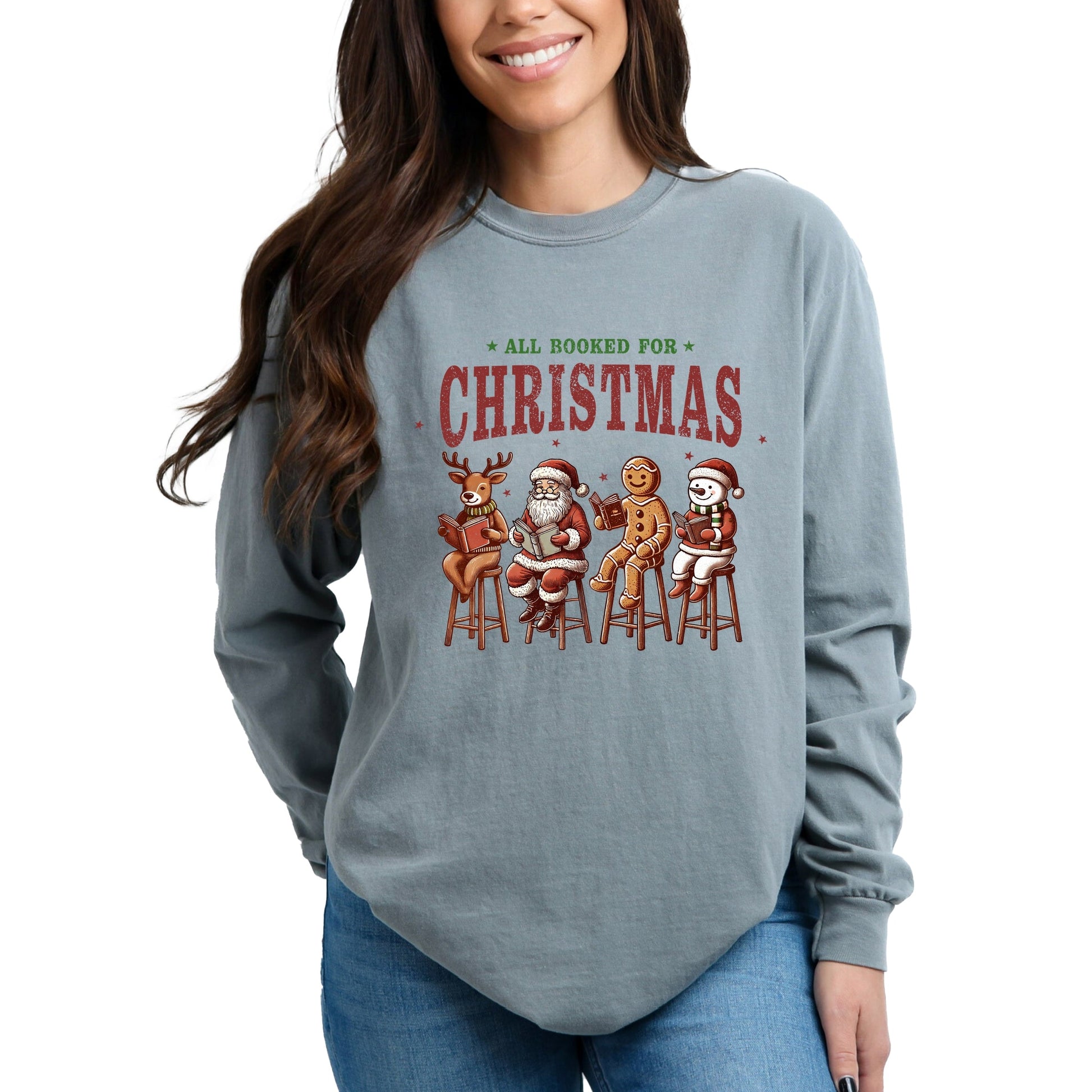 Booked For Christmas Stool - Women's Garment Dyed Long Sleeve Graphic T-Shirt