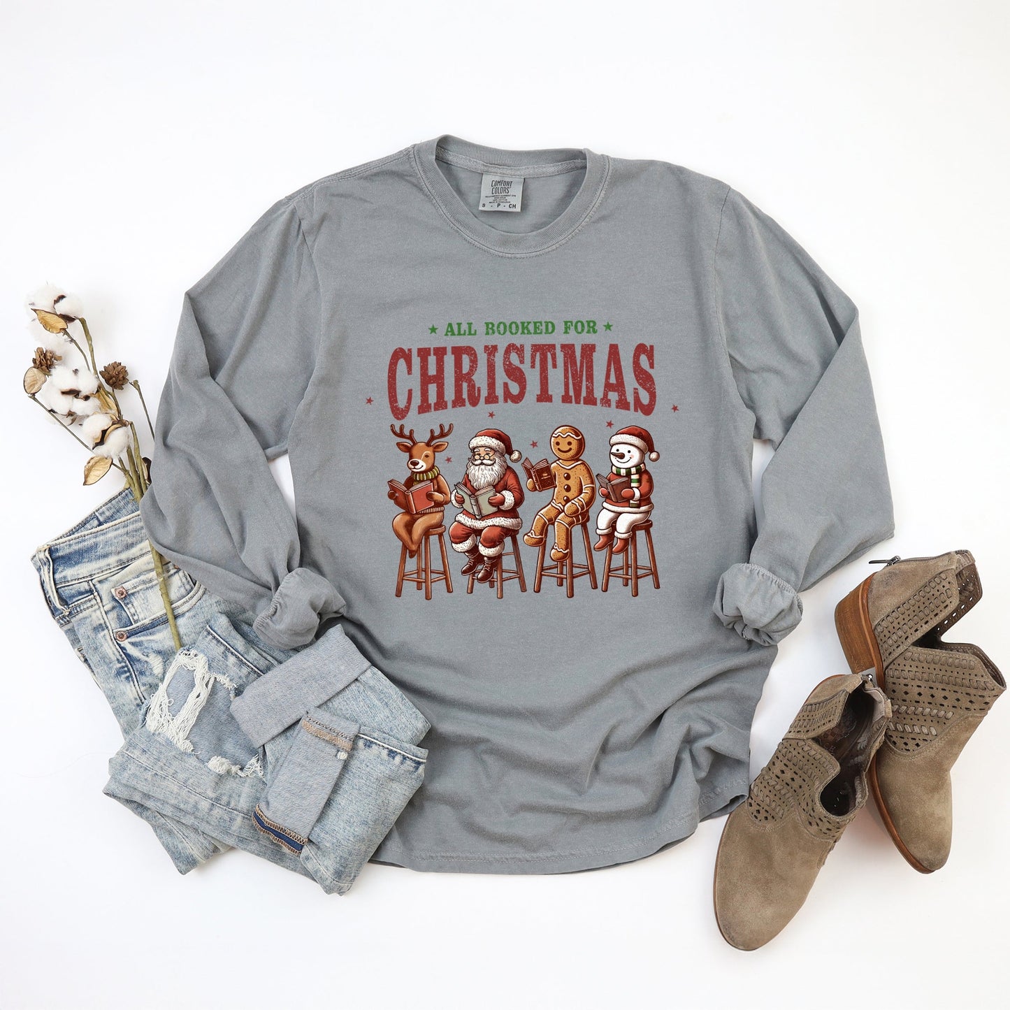 Booked For Christmas Stool - Women's Garment Dyed Long Sleeve Graphic T-Shirt