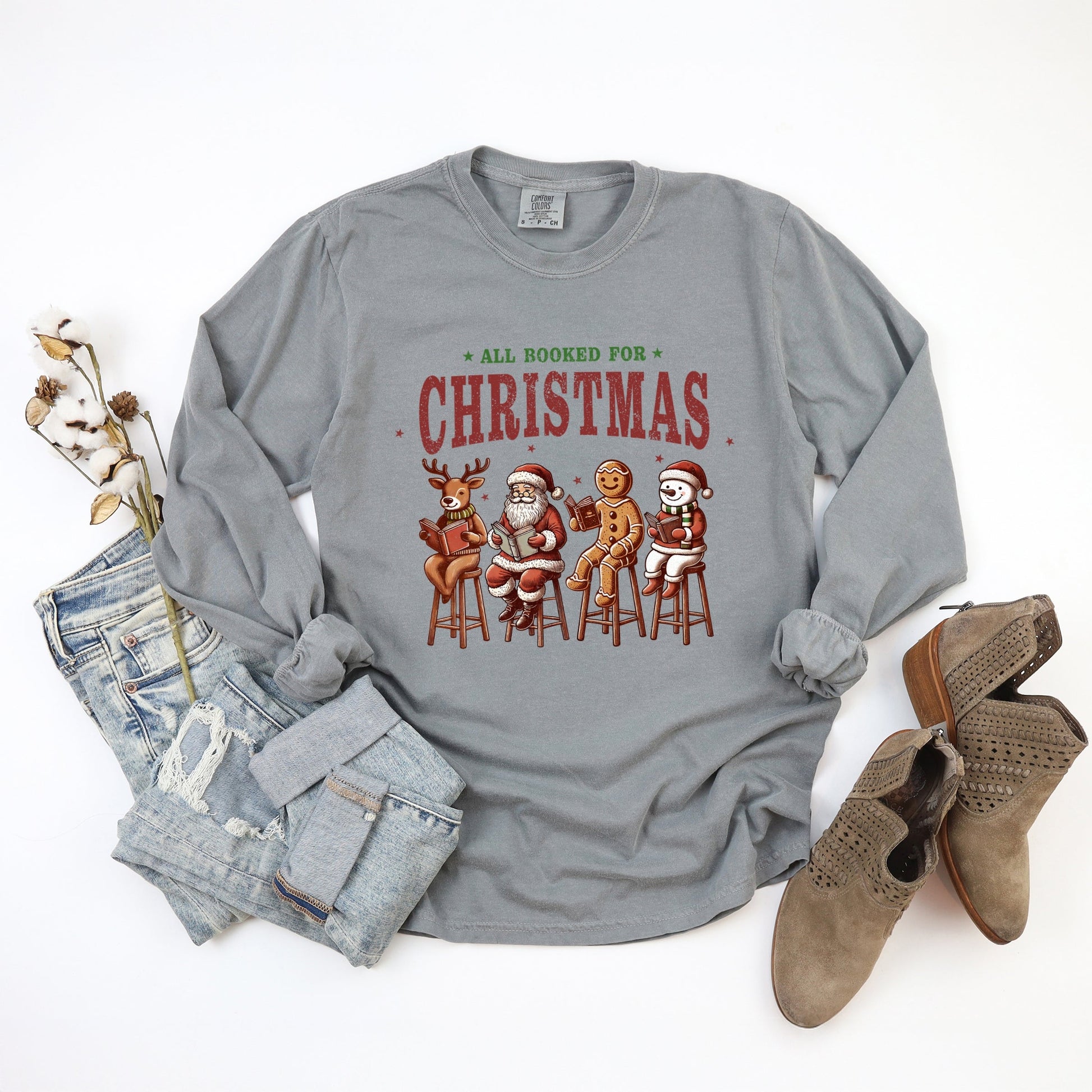 Booked For Christmas Stool - Women's Garment Dyed Long Sleeve Graphic T-Shirt