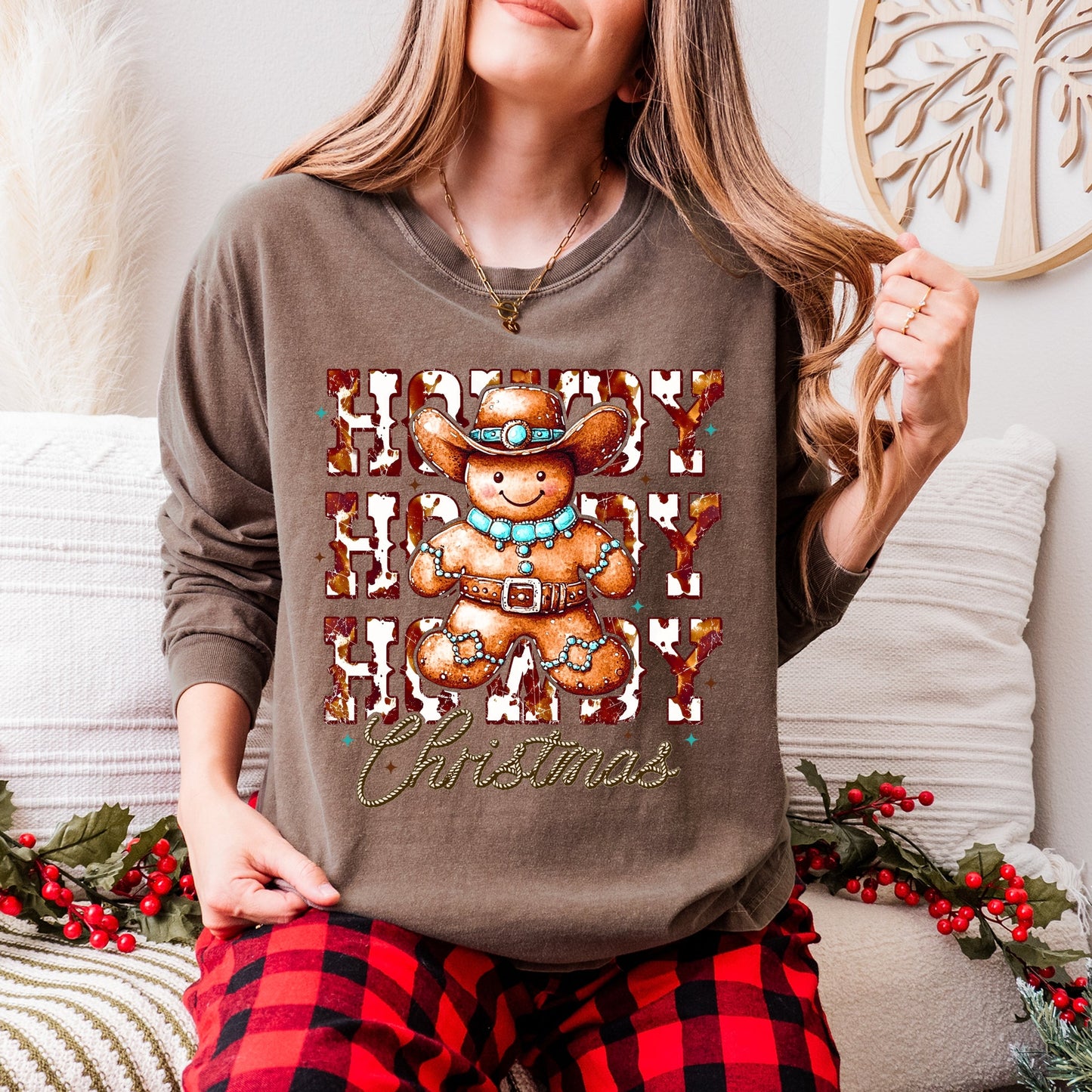 Howdy Gingerbread - Women's Garment Dyed Long Sleeve Graphic T-Shirt