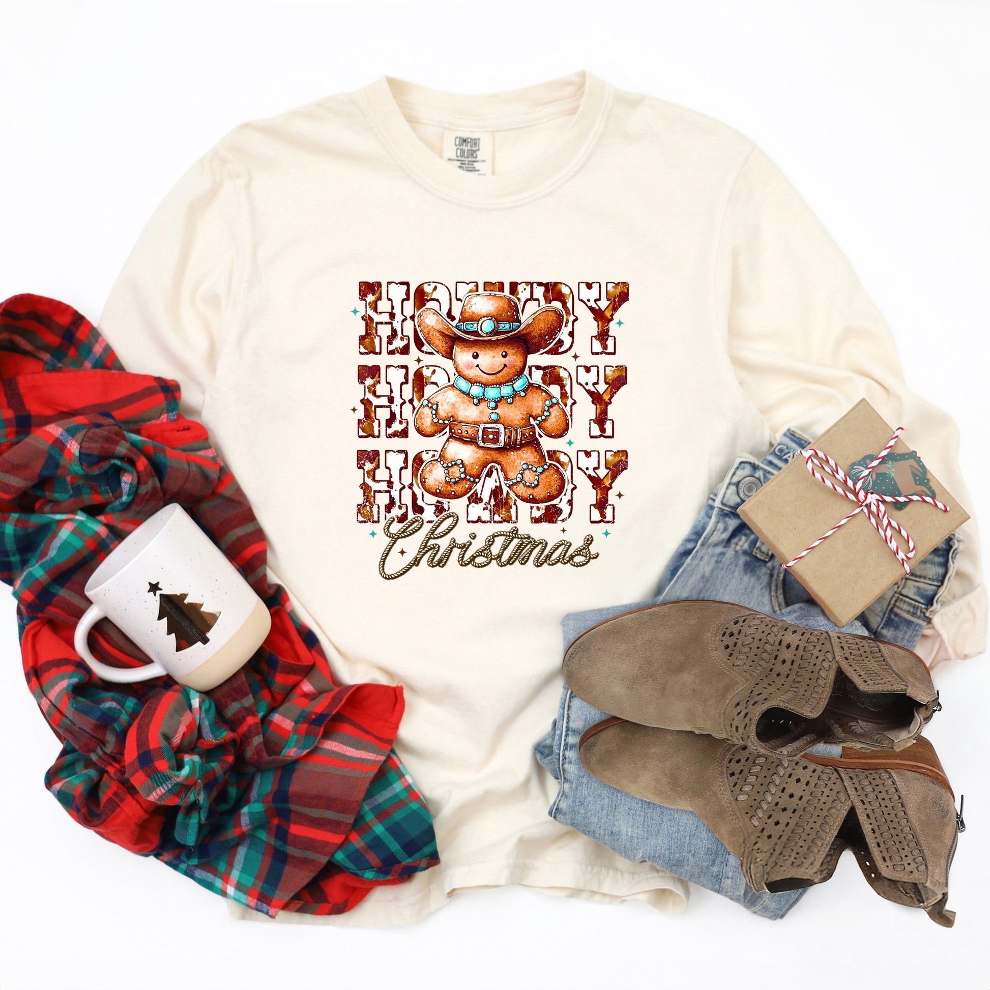 Howdy Gingerbread - Women's Garment Dyed Long Sleeve Graphic T-Shirt