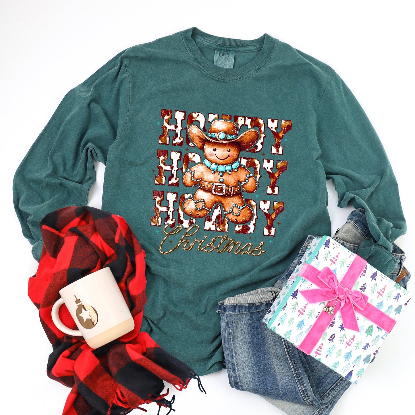 Howdy Gingerbread - Women's Garment Dyed Long Sleeve Graphic T-Shirt