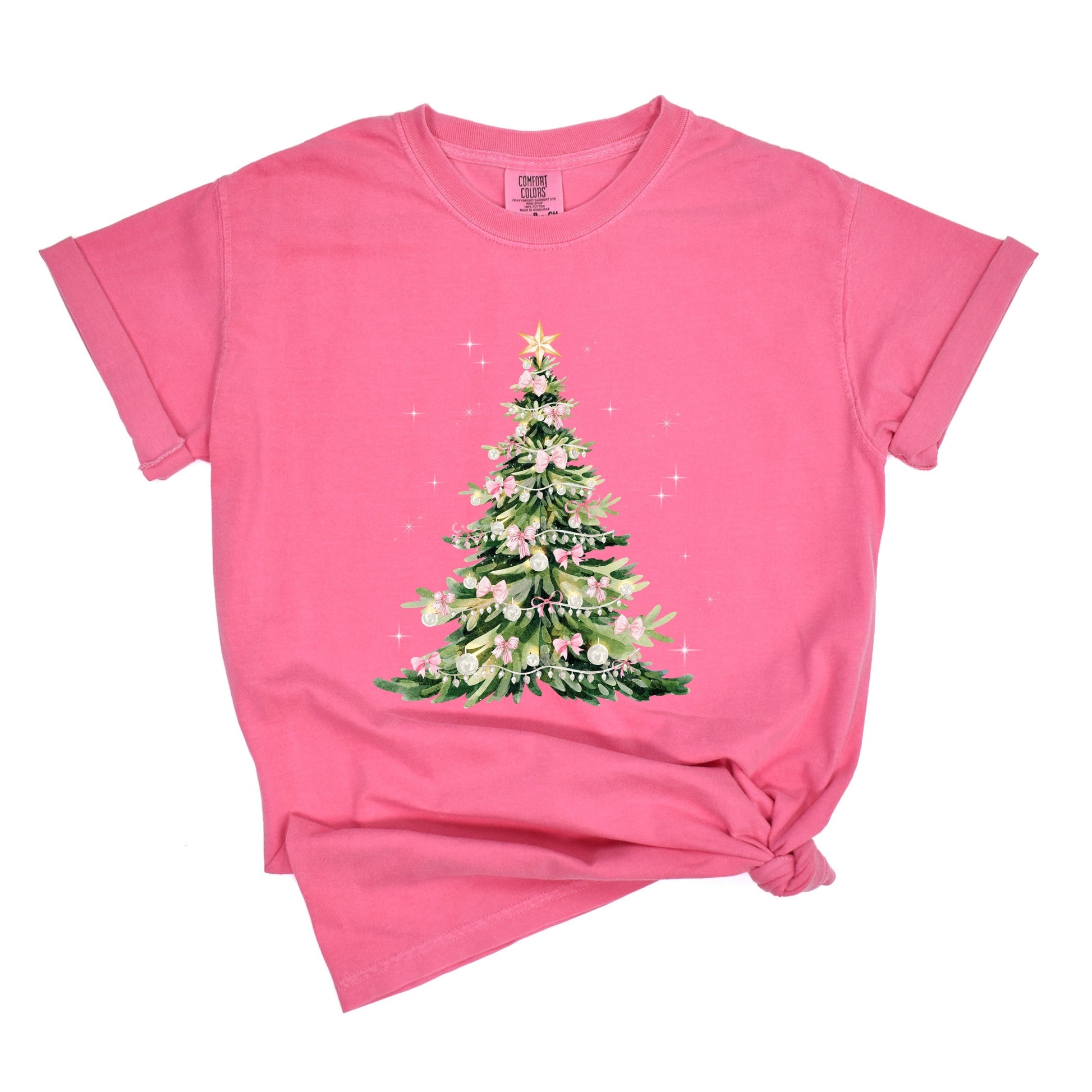 Watercolor Christmas Tree Sparkle - Womens Garment Dyed Tee