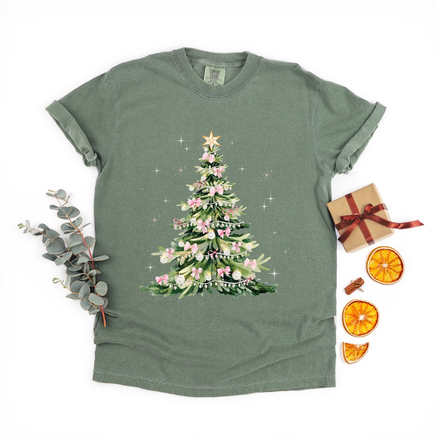 Watercolor Christmas Tree Sparkle - Womens Garment Dyed Tee