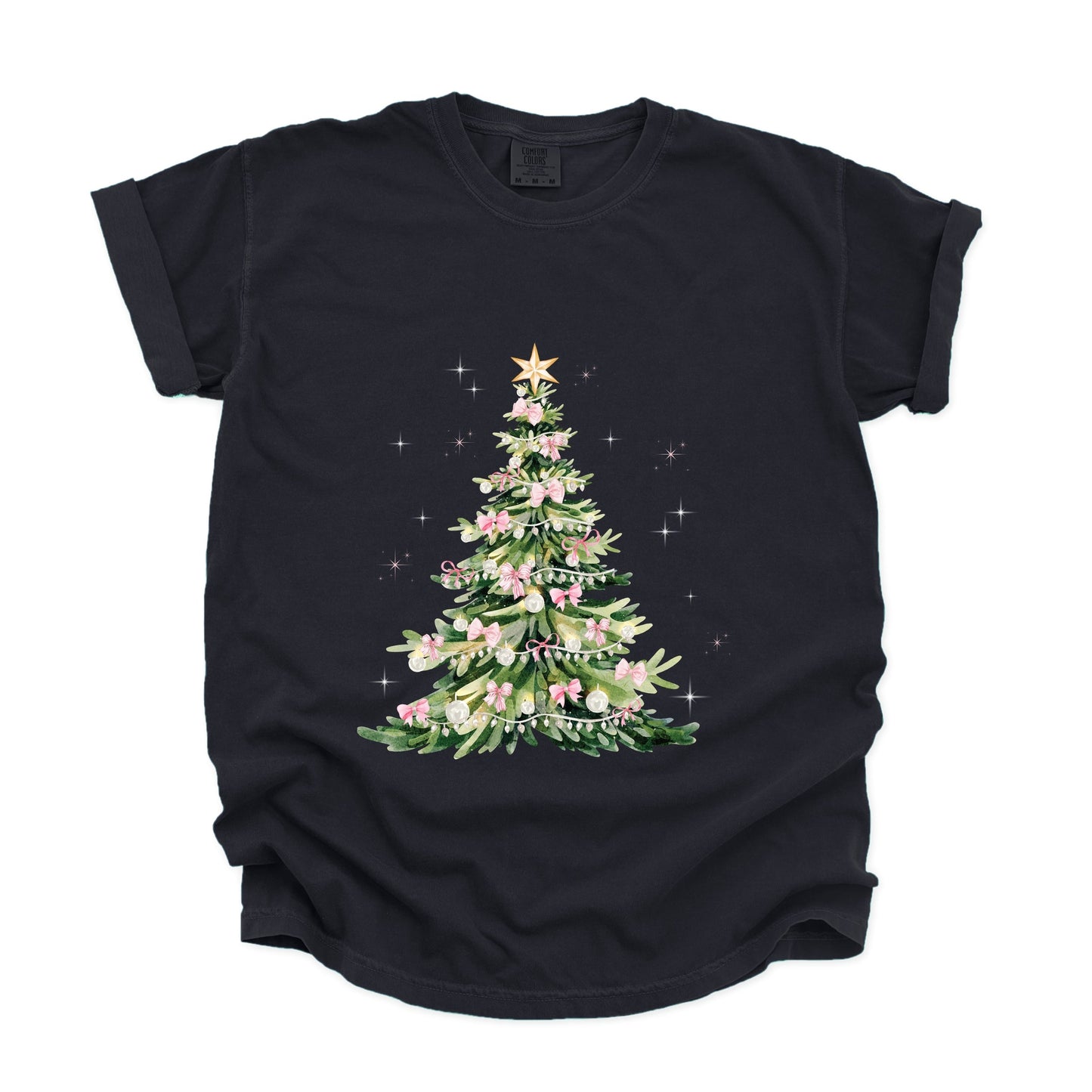 Watercolor Christmas Tree Sparkle - Womens Garment Dyed Tee