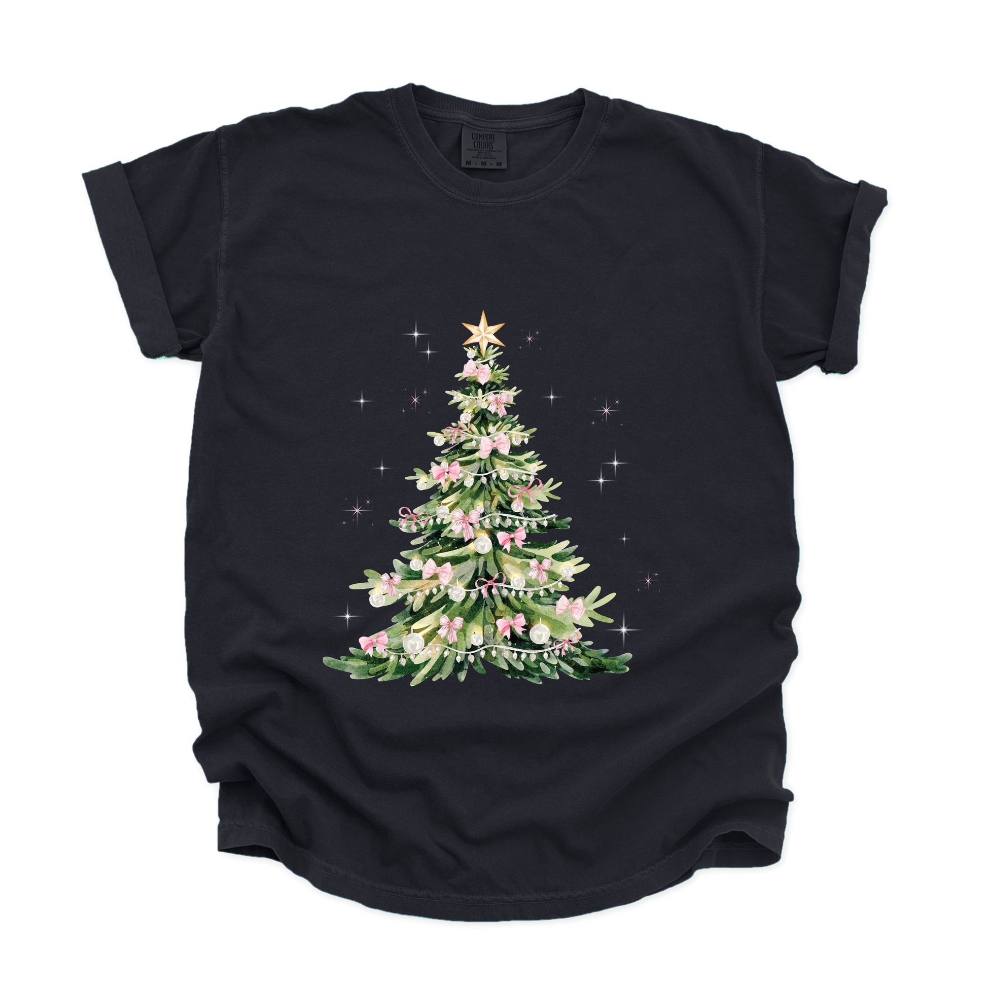 Watercolor Christmas Tree Sparkle - Womens Garment Dyed Tee