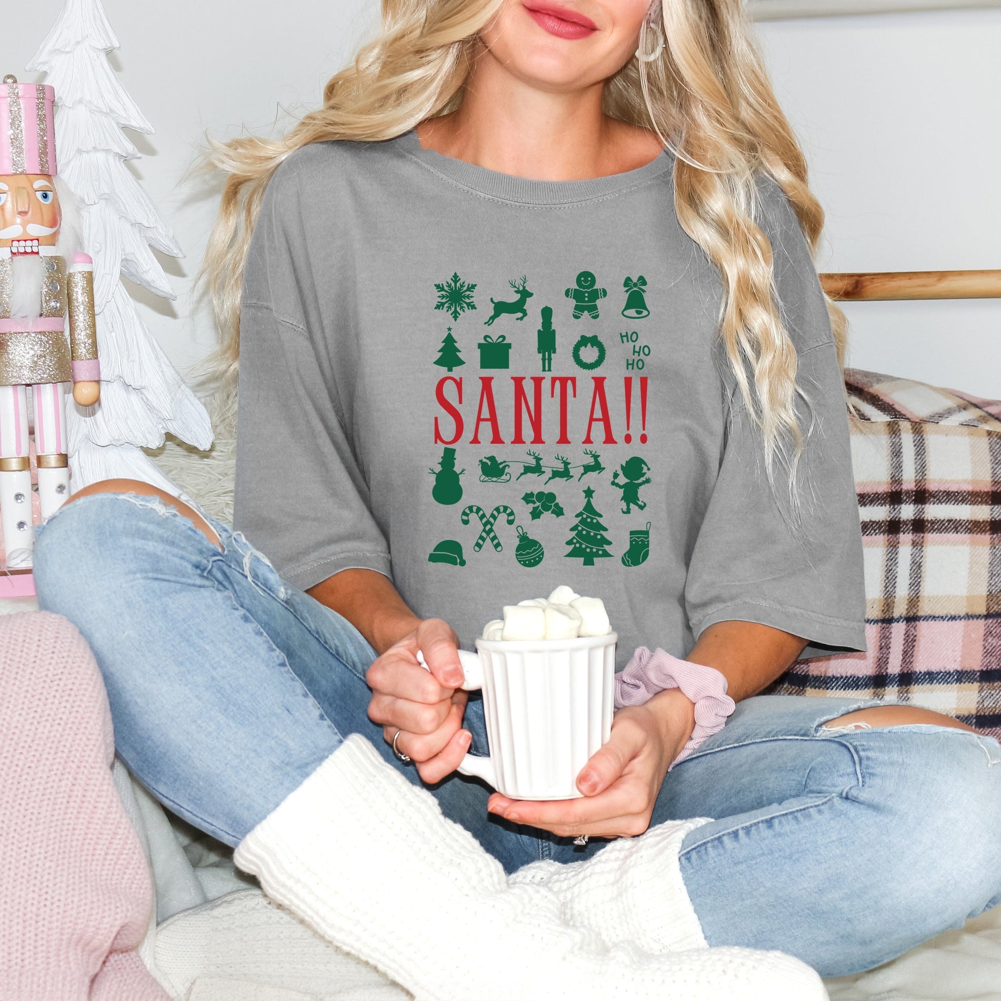 Santa Christmas Icons - Womens Garment Dyed Tee
