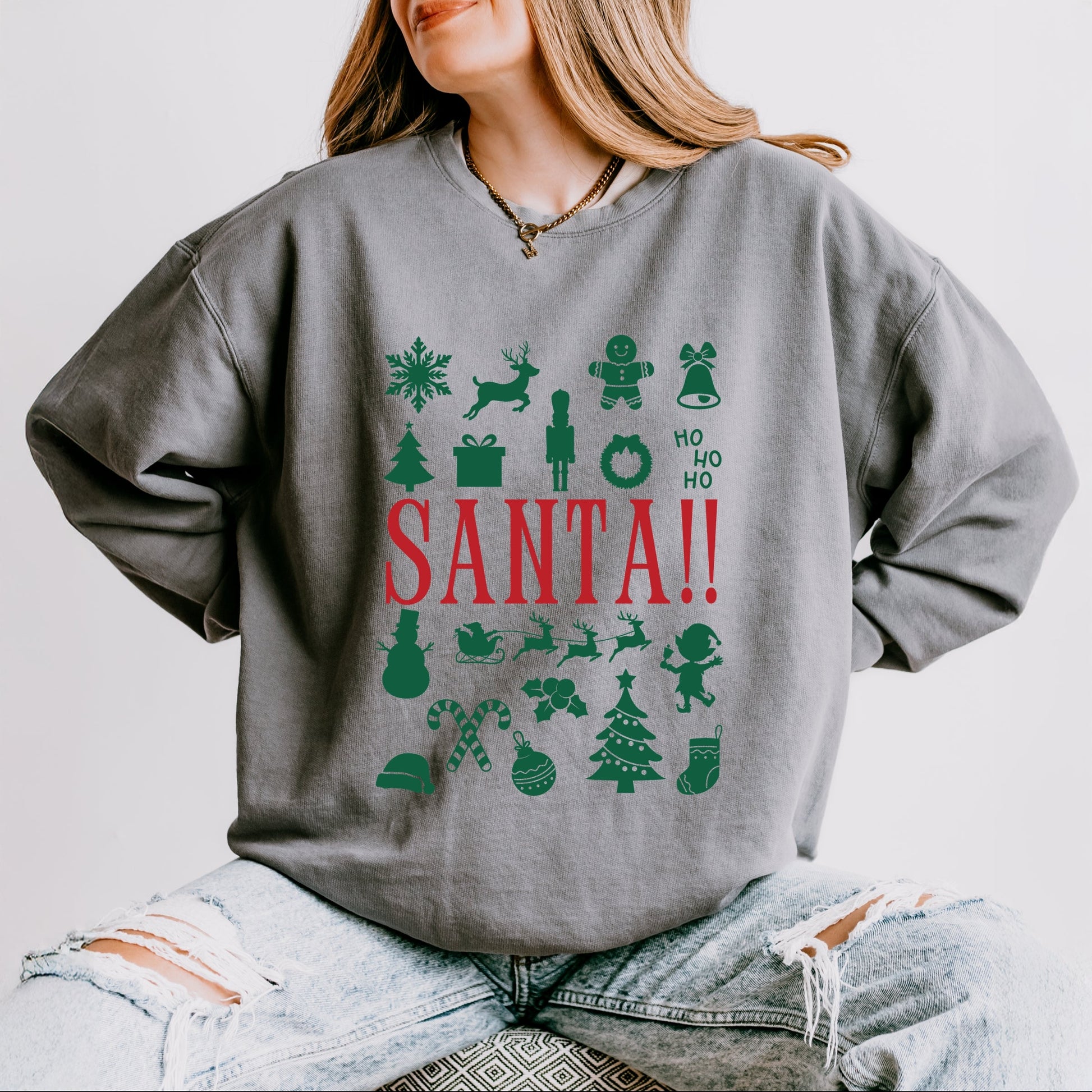 Santa Christmas Icons - Womens Lightweight Garment Dyed Sweatshirt