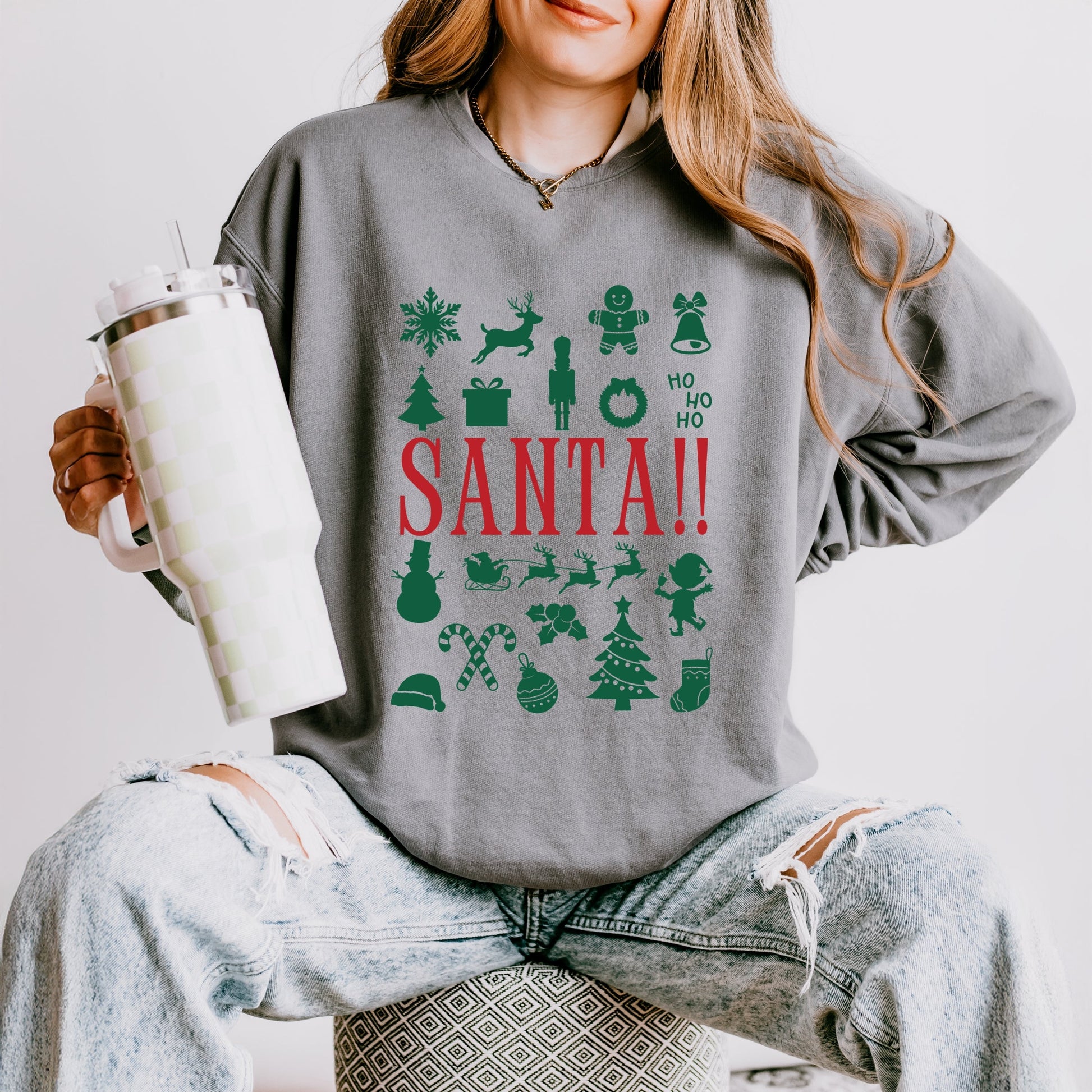 Santa Christmas Icons - Womens Lightweight Garment Dyed Sweatshirt