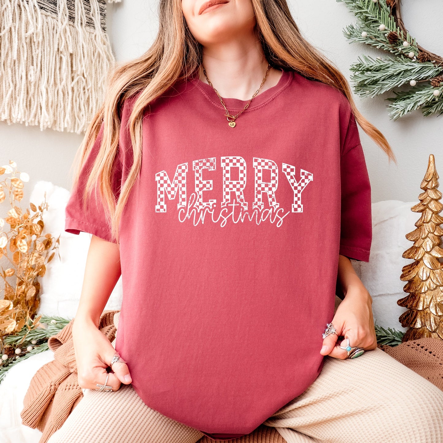 Merry Christmas Varsity Checkered - Garment Dyed Tee