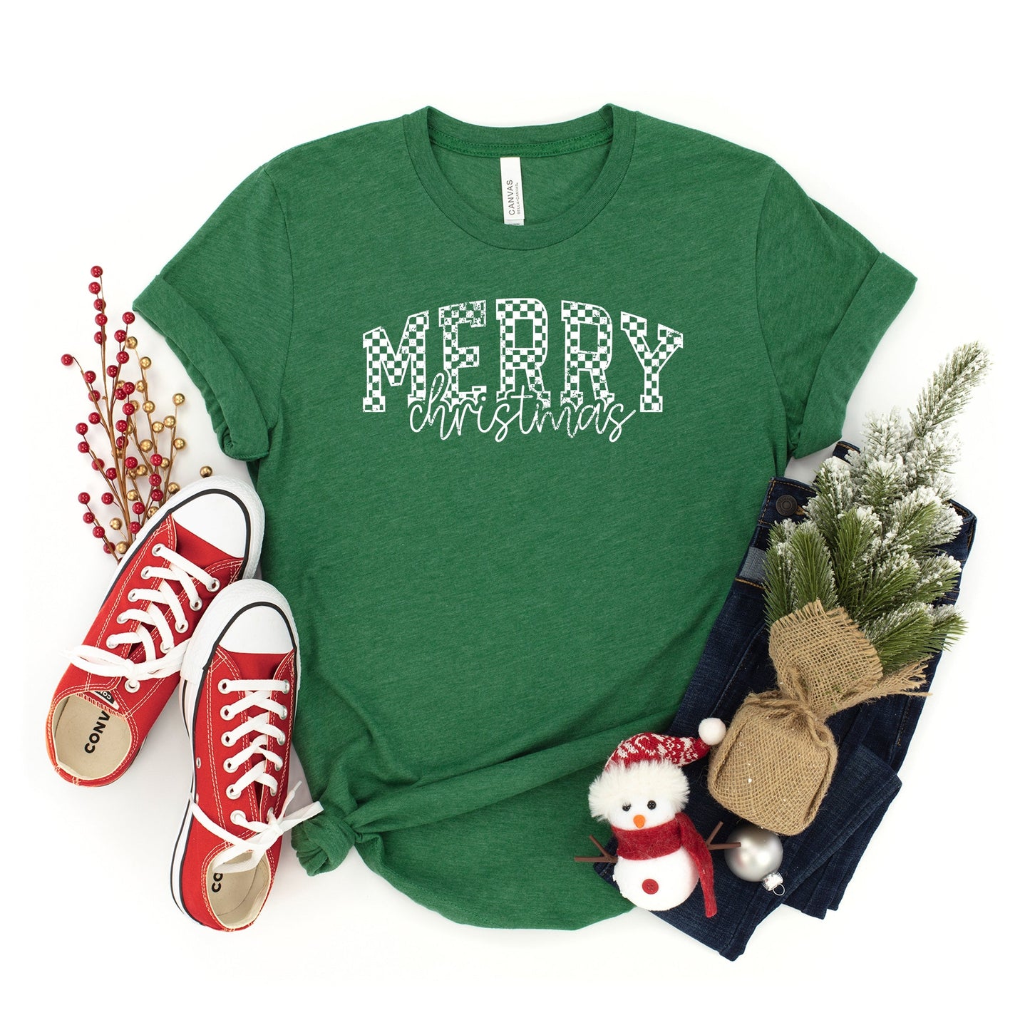 Merry Christmas Varsity Checkered - Youth Short Sleeve Graphic T-Shirt