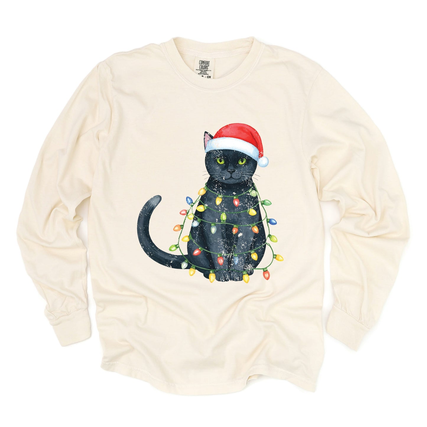Black Cat Christmas Lights - Garment Dyed Long Sleeve