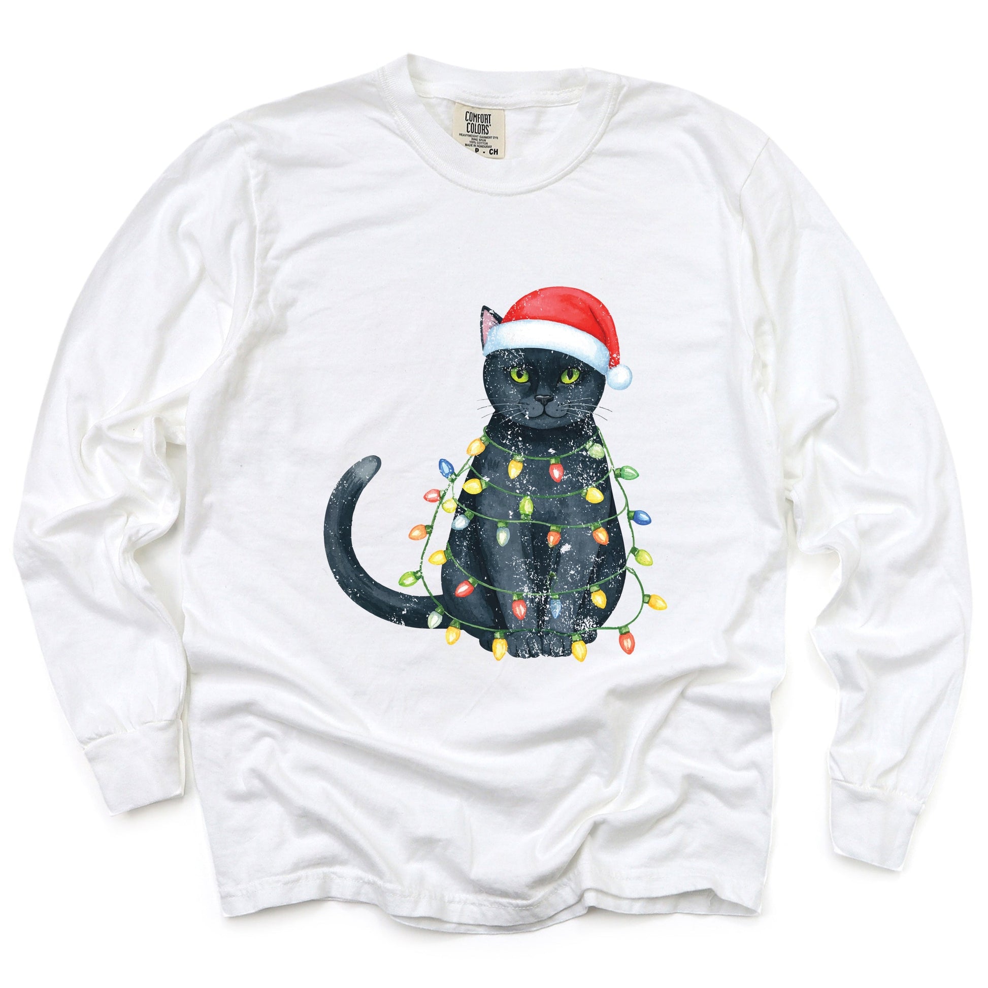 Black Cat Christmas Lights - Garment Dyed Long Sleeve