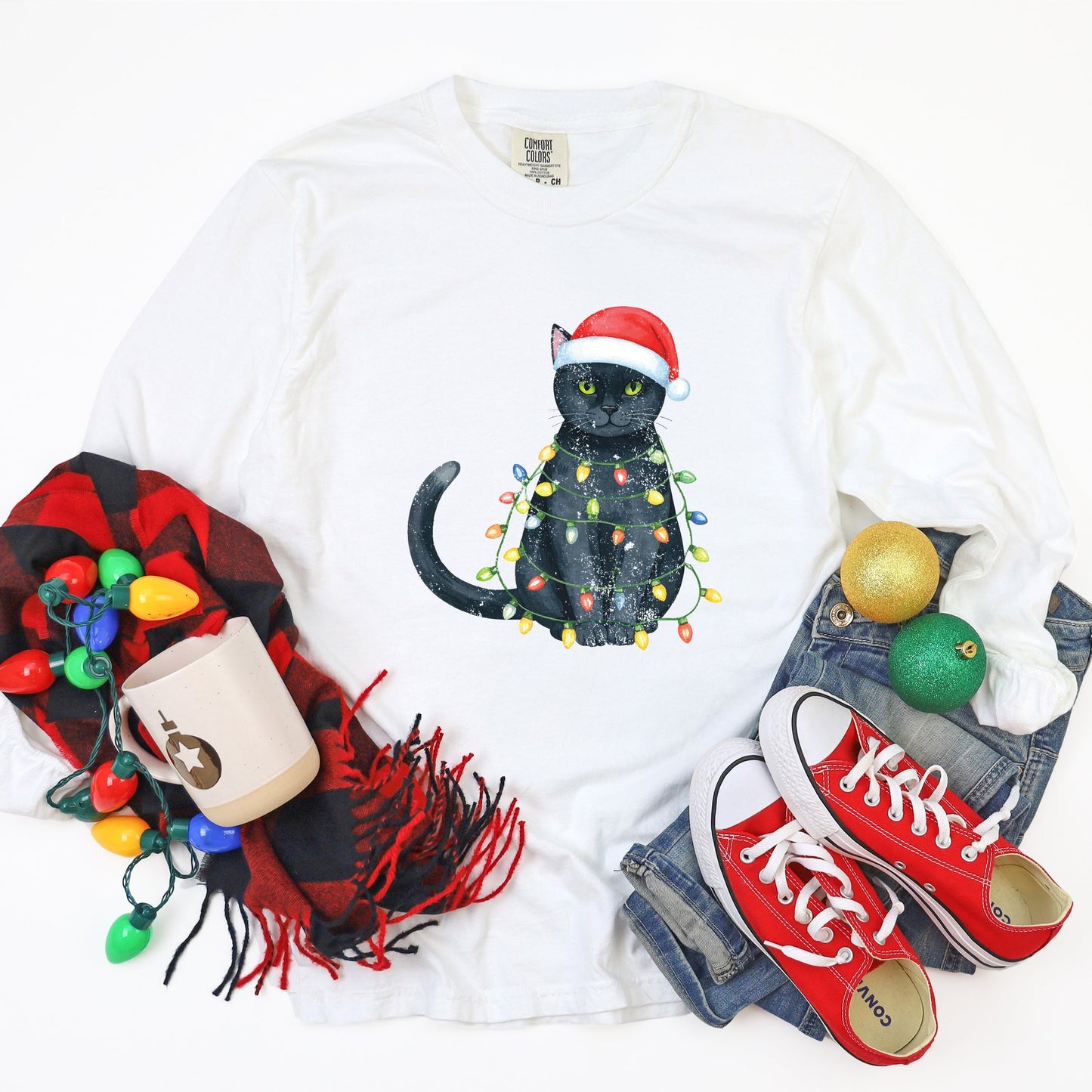 Black Cat Christmas Lights - Garment Dyed Long Sleeve