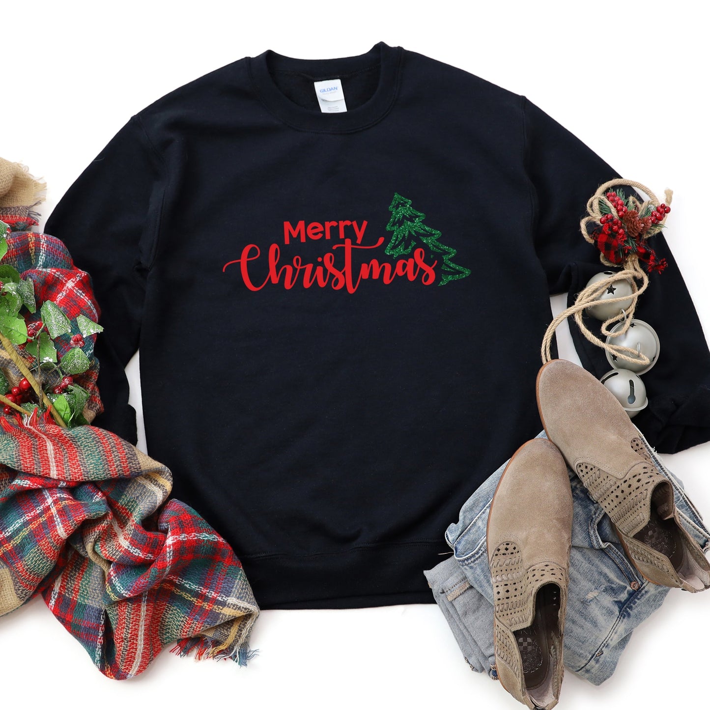 Merry Christmas Glitter Tree -  Womens Sweatshirt