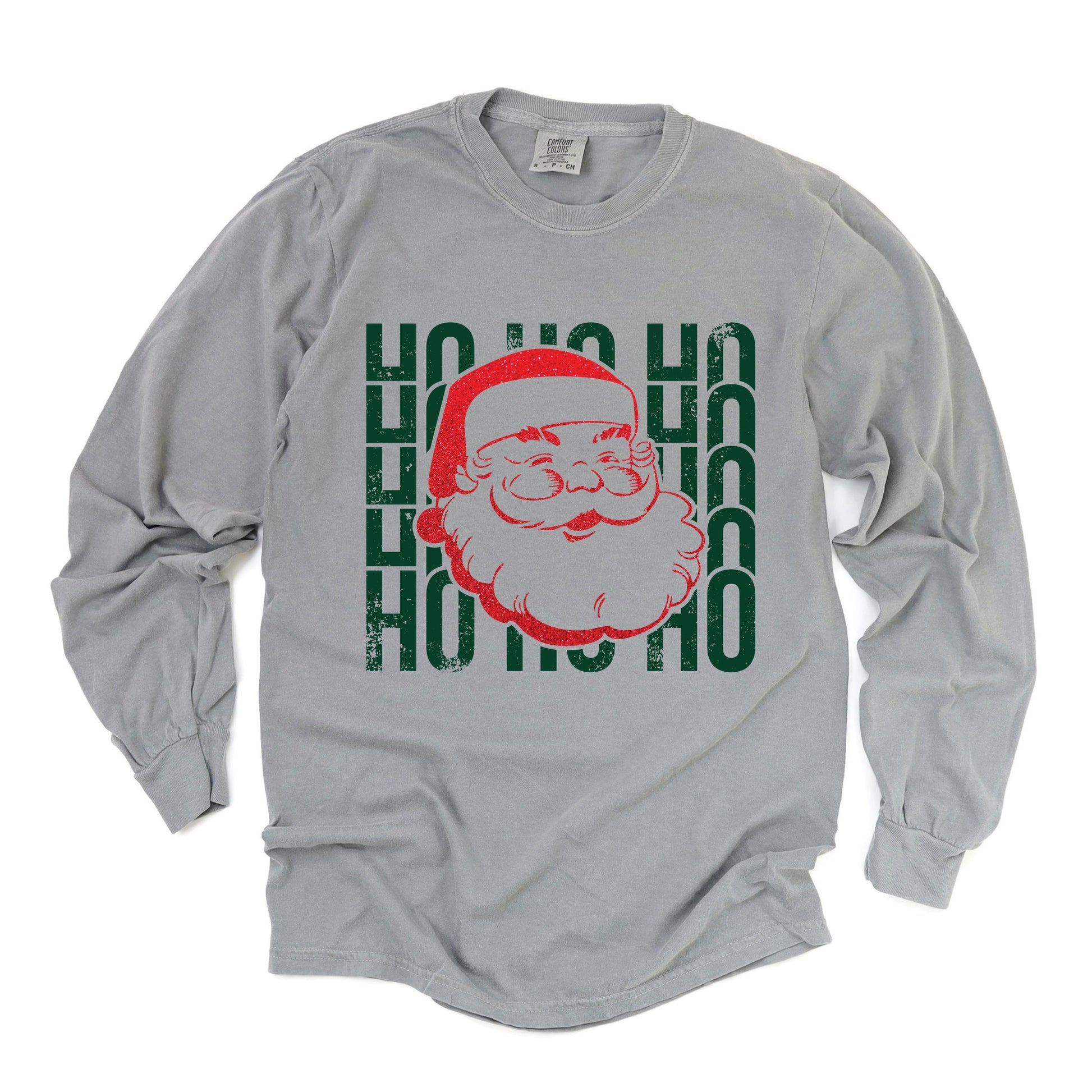 Ho Ho Ho Glitter Santa - Womens Garment Dyed Long Sleeve