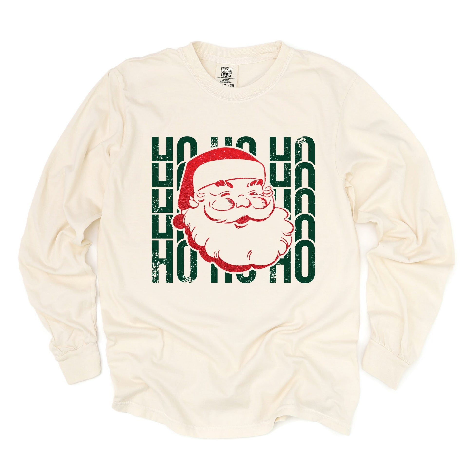 Ho Ho Ho Glitter Santa - Womens Garment Dyed Long Sleeve