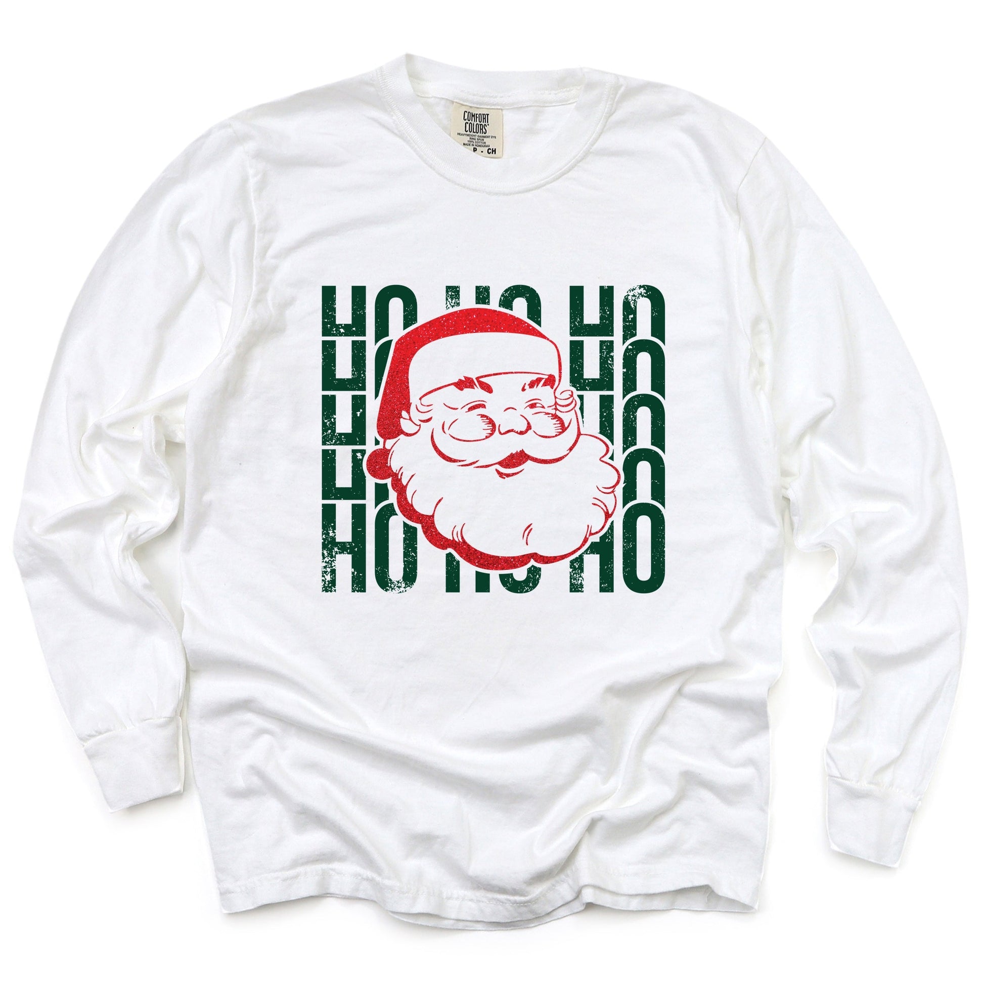 Ho Ho Ho Glitter Santa - Womens Garment Dyed Long Sleeve