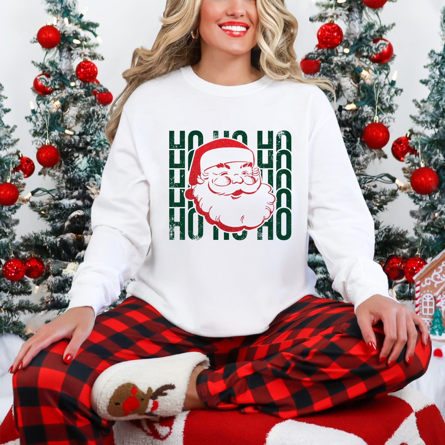 Ho Ho Ho Glitter Santa - Womens Garment Dyed Long Sleeve