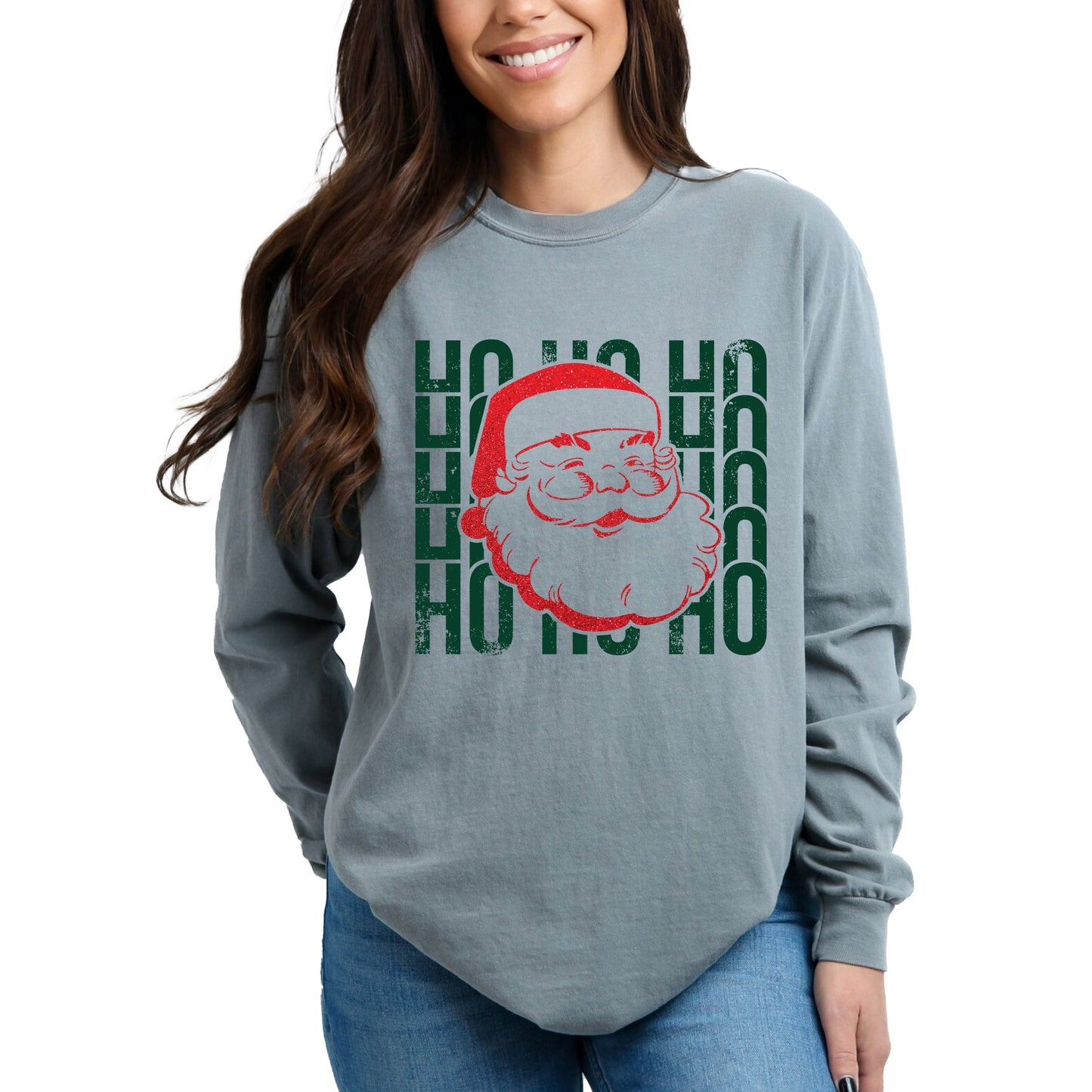 Ho Ho Ho Glitter Santa - Women's Garment Dyed Long Sleeve