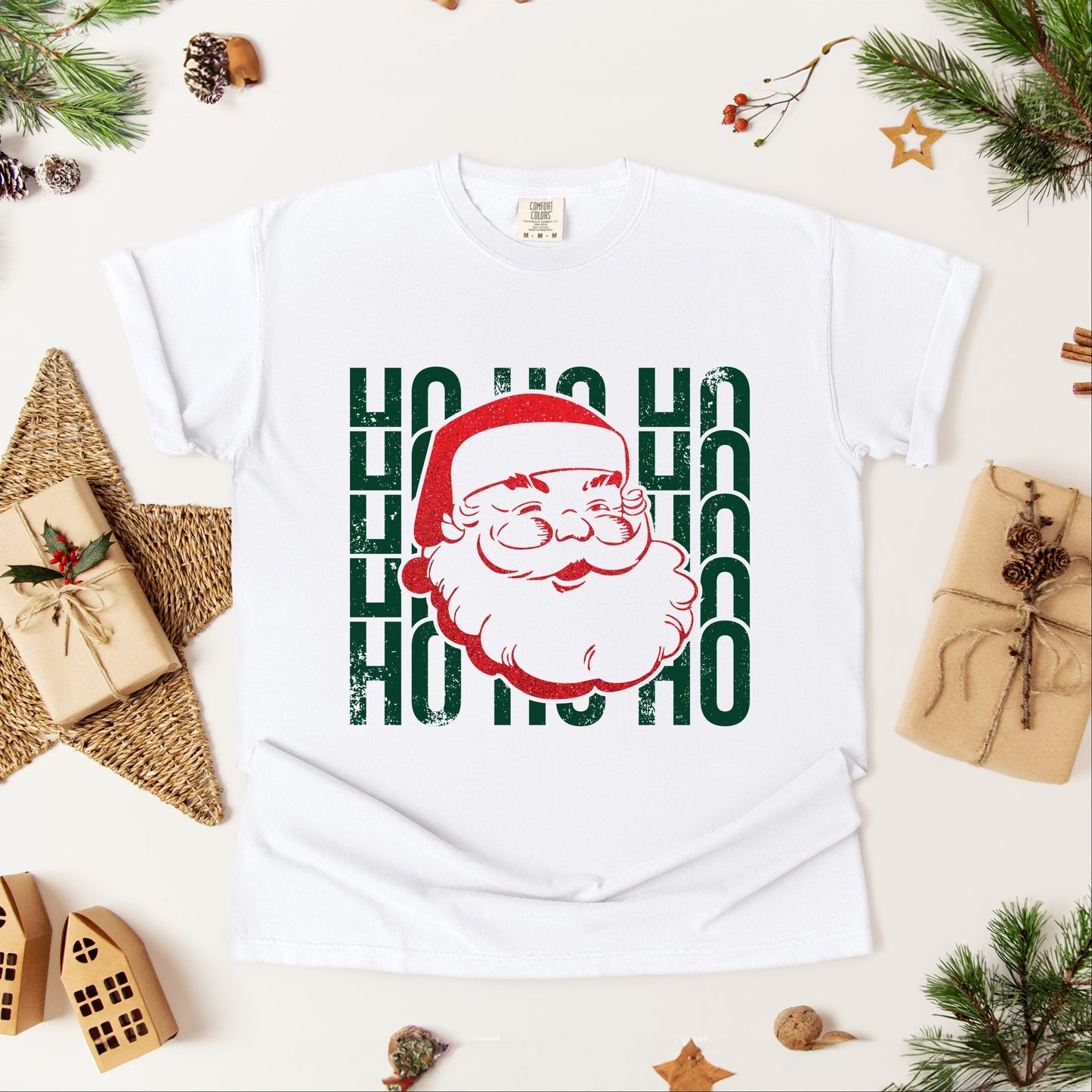 Ho Ho Ho Glitter Santa - Womens Garment Dyed Tee