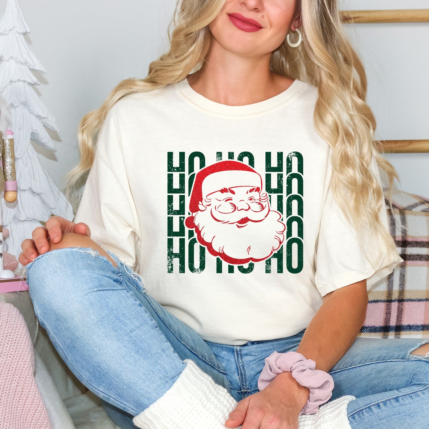 Ho Ho Ho Glitter Santa - Womens Garment Dyed Tee