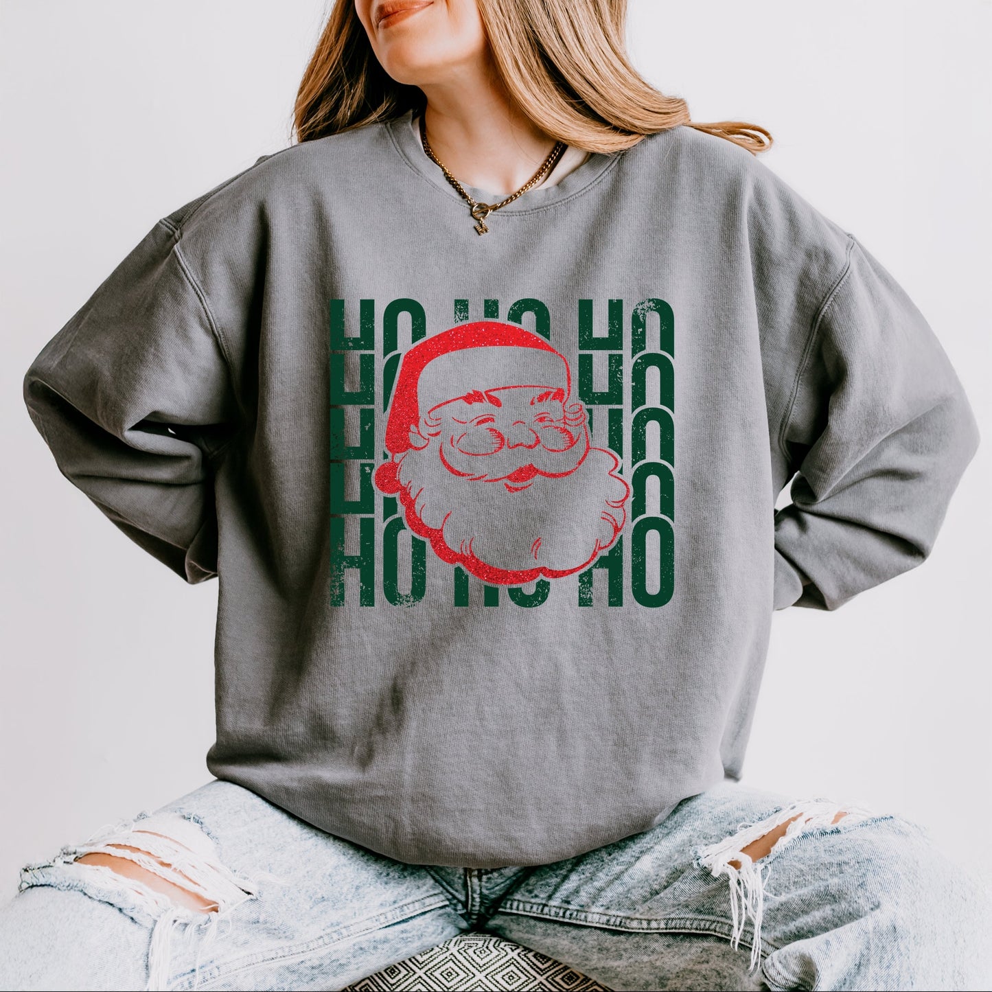 Ho Ho Ho Glitter Santa - Women's Lightweight Garment Dyed Sweatshirt