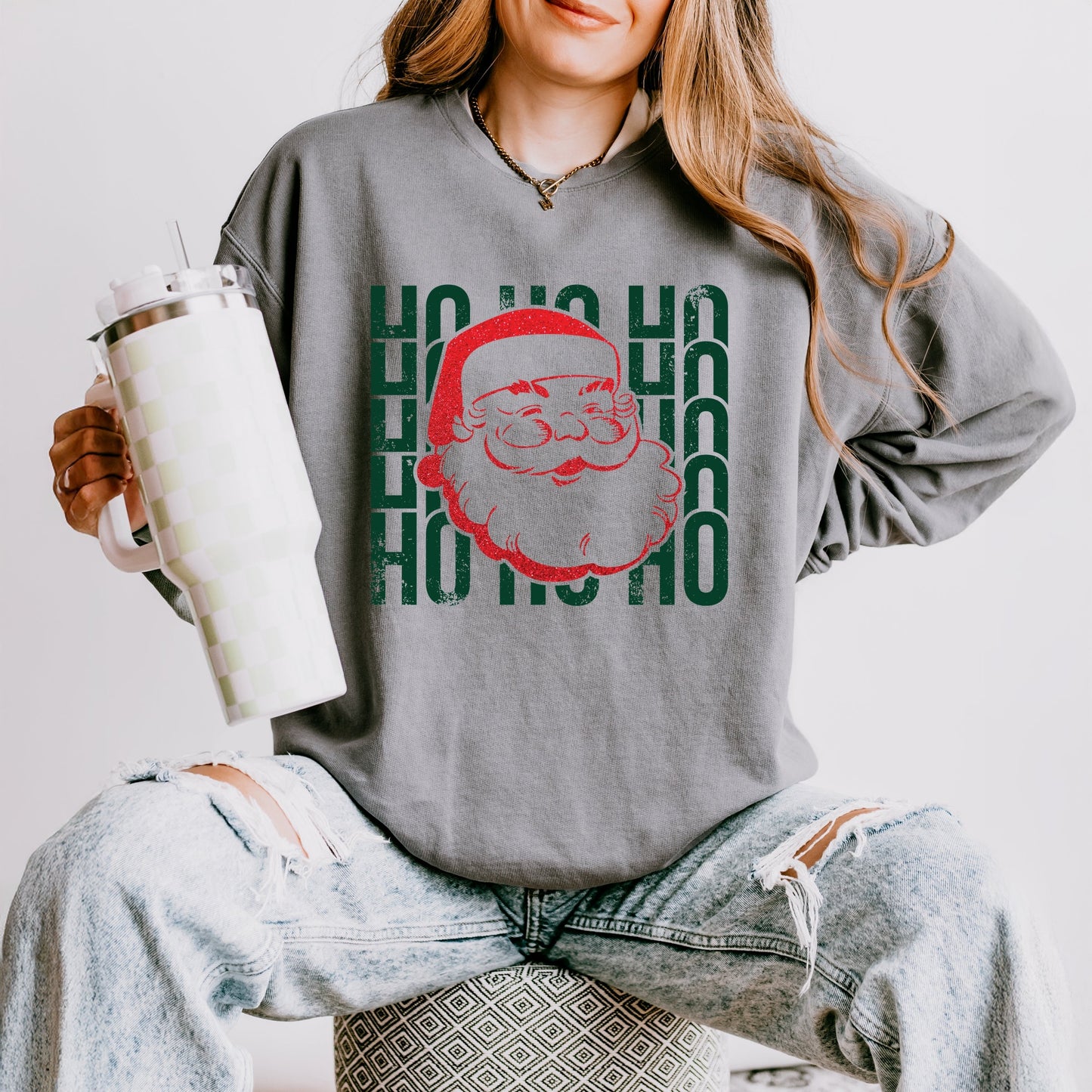 Ho Ho Ho Glitter Santa - Womens Lightweight Garment Dyed Sweatshirt