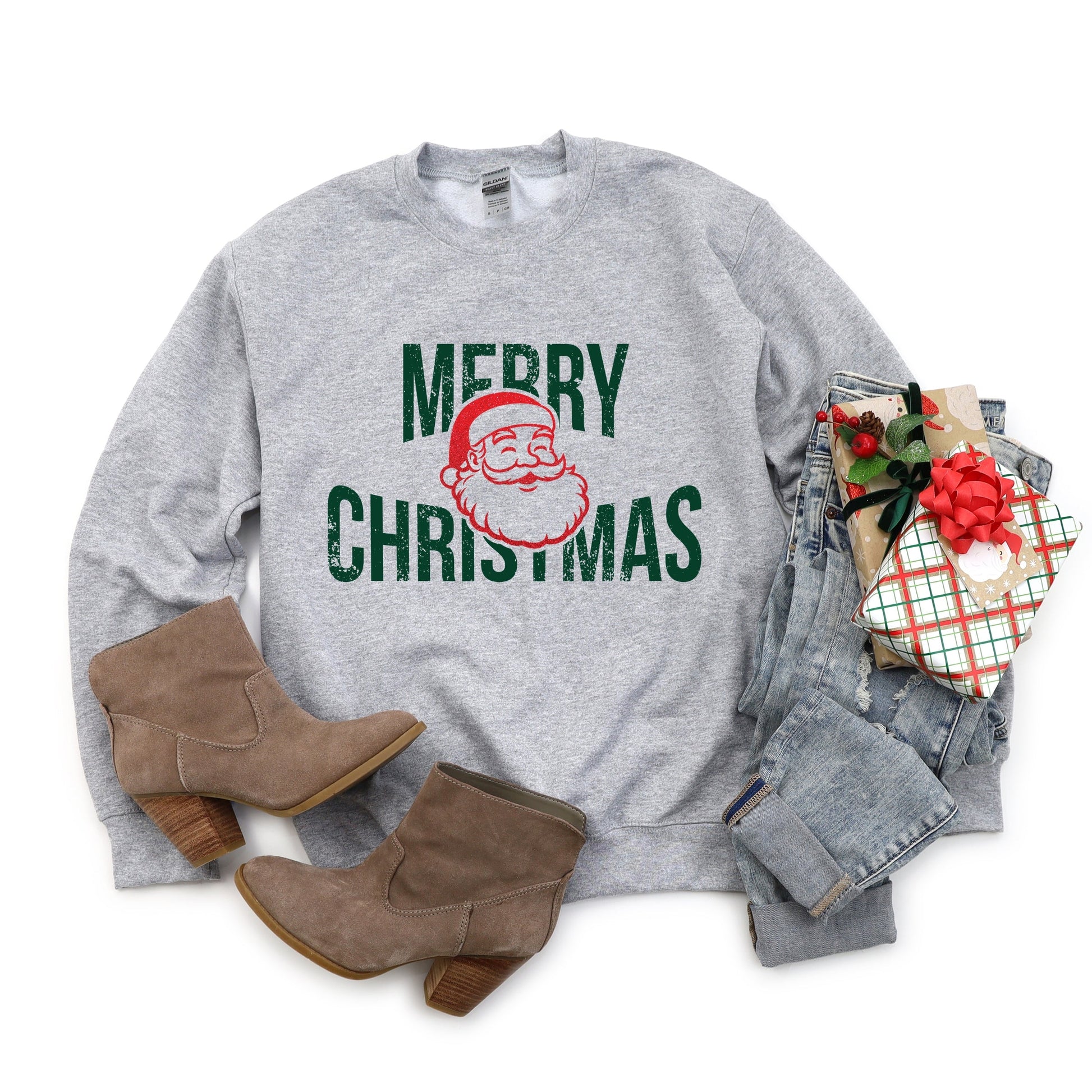 Merry Christmas Arched Glitter Santa -  Womens Sweatshirt
