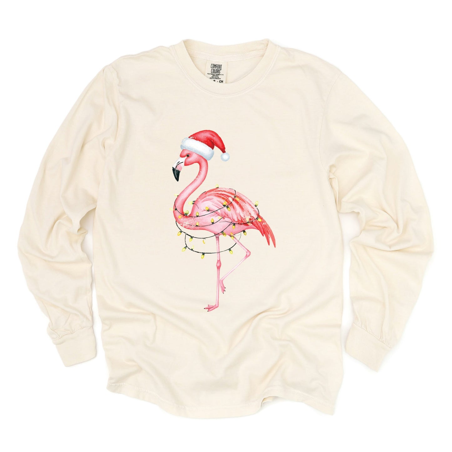 Flamingo Christmas Lights Watercolor - Garment Dyed Long Sleeve