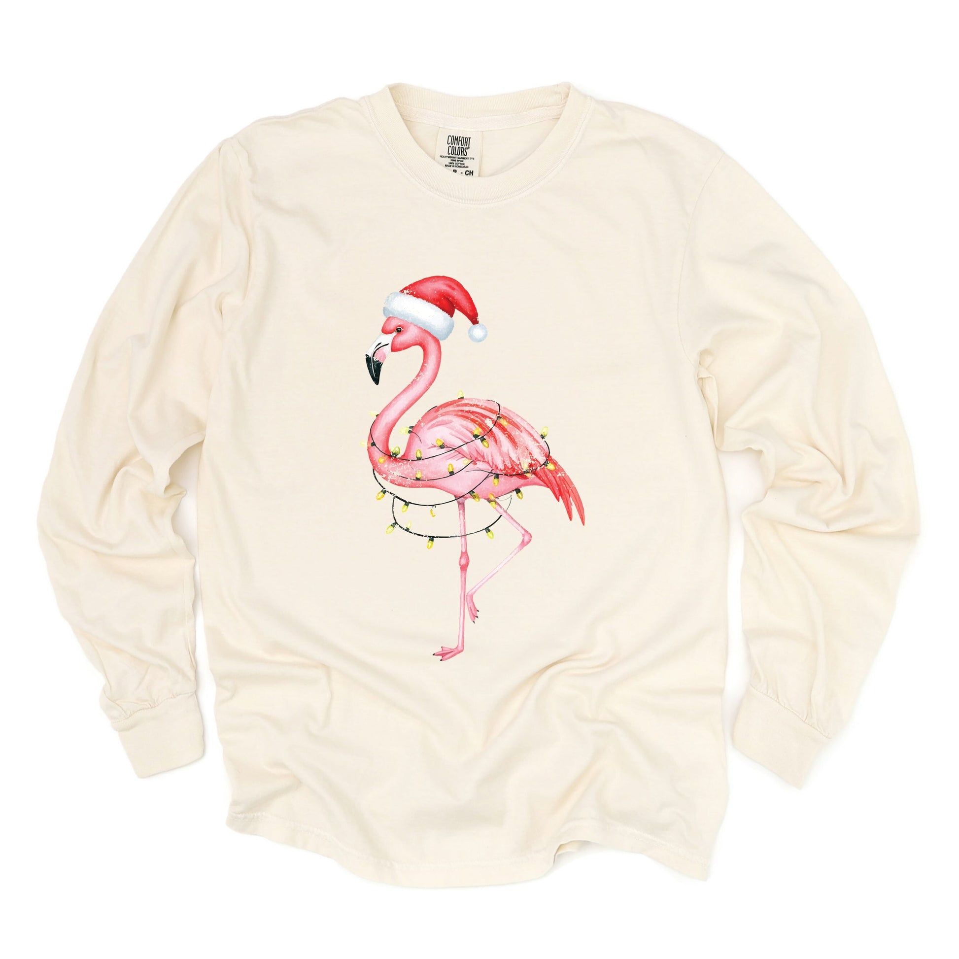 Flamingo Christmas Lights Watercolor - Garment Dyed Long Sleeve