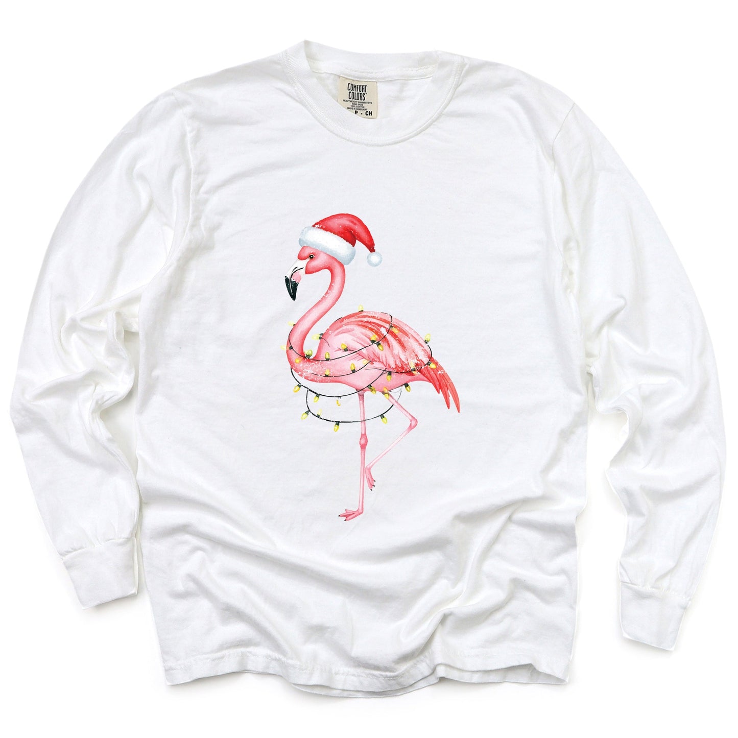 Flamingo Christmas Lights Watercolor - Garment Dyed Long Sleeve