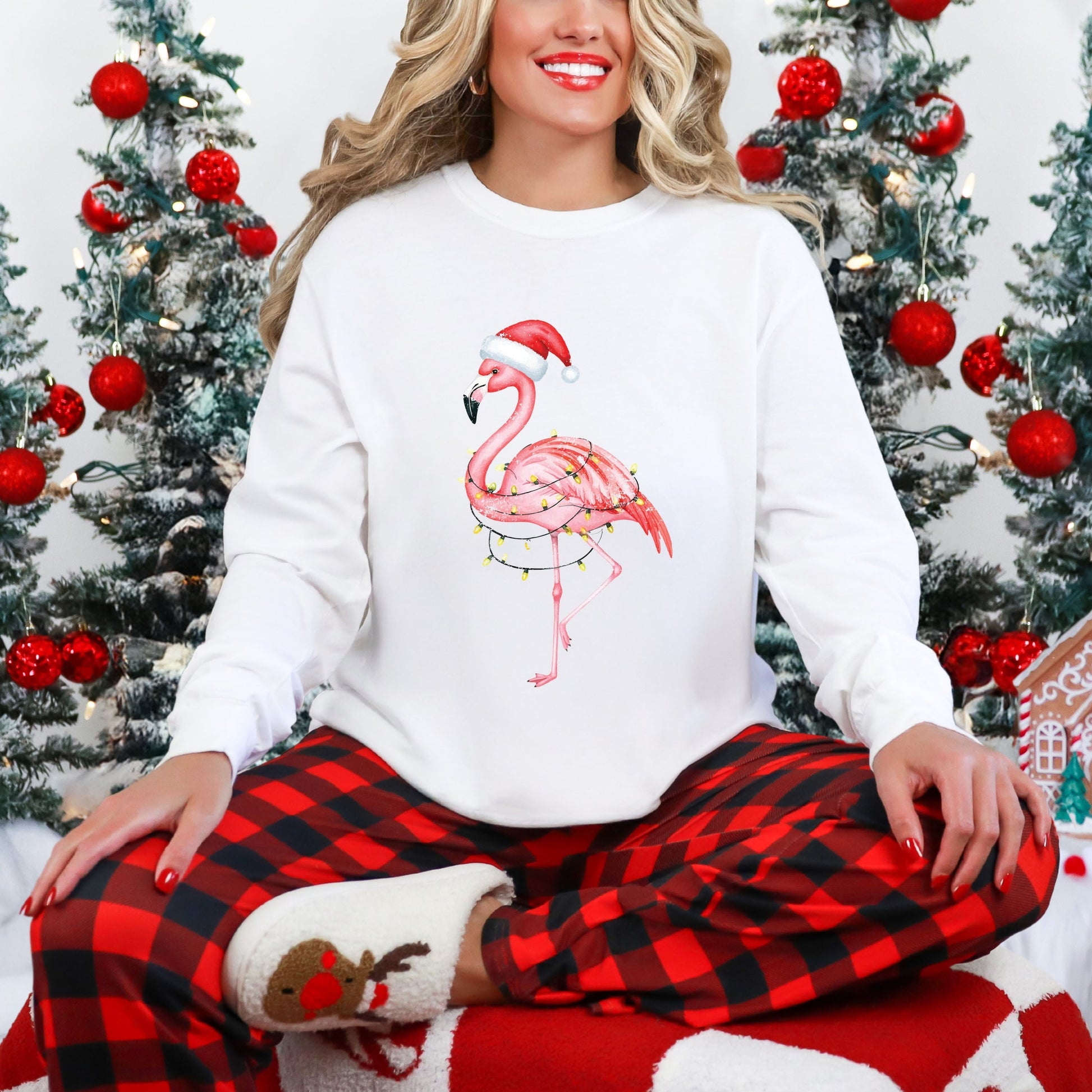 Flamingo Christmas Lights Watercolor - Garment Dyed Long Sleeve