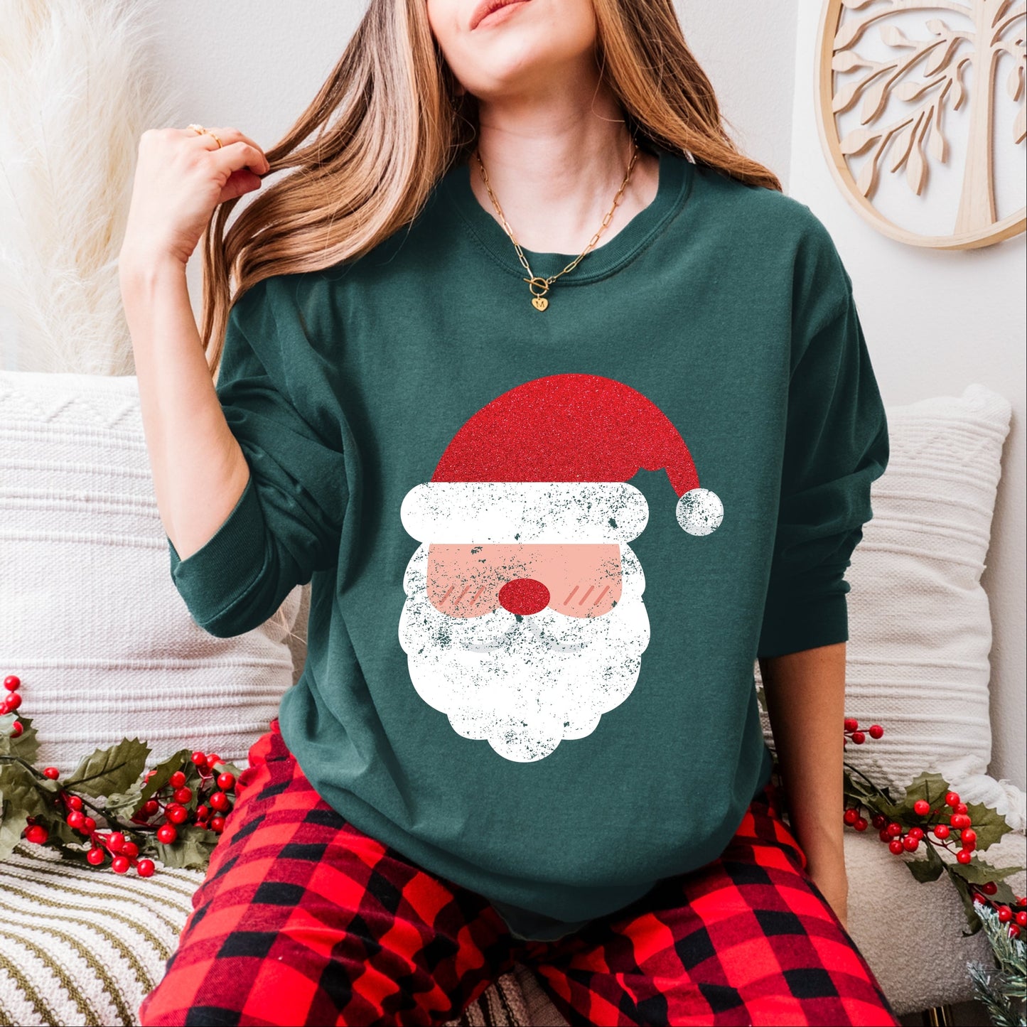 Santa Face Glitter - Womens Garment Dyed Long Sleeve