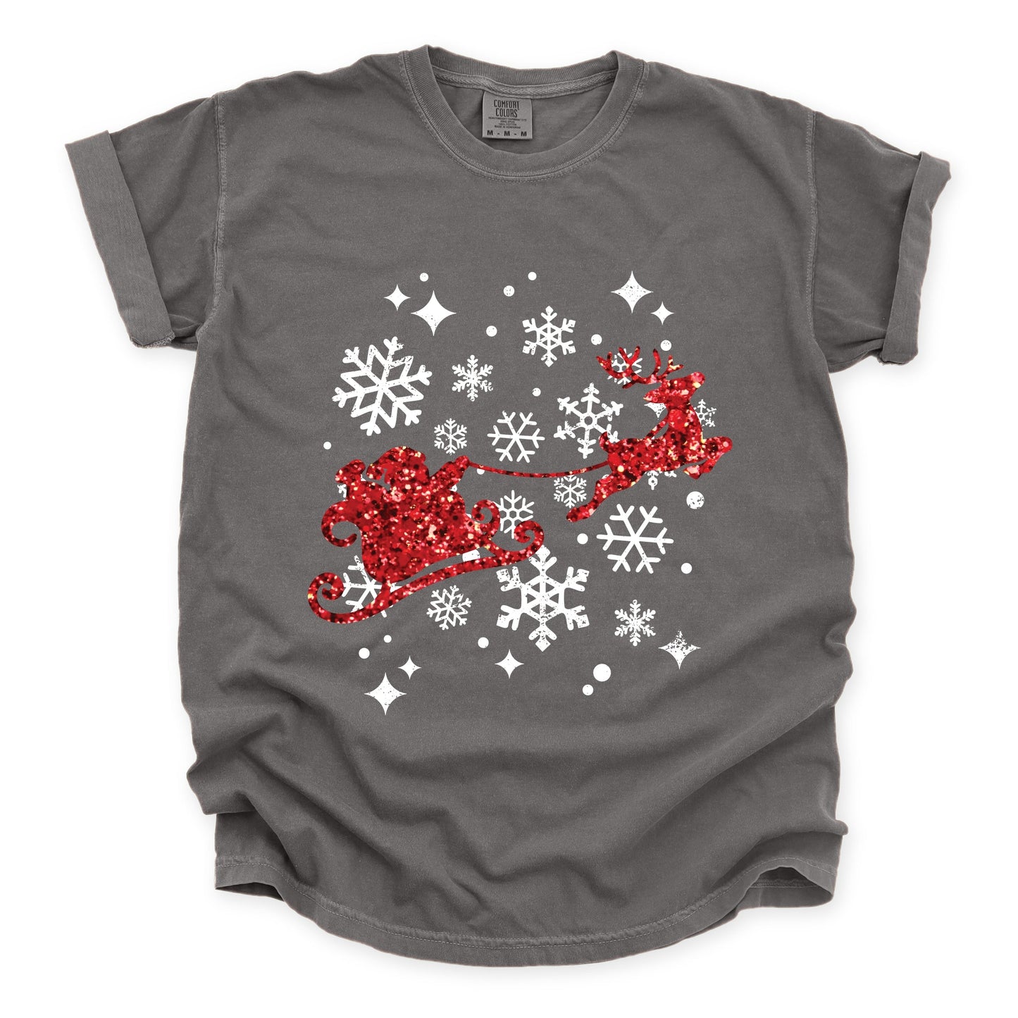 Santa Sleigh Glitter - Womens Garment Dyed Tee