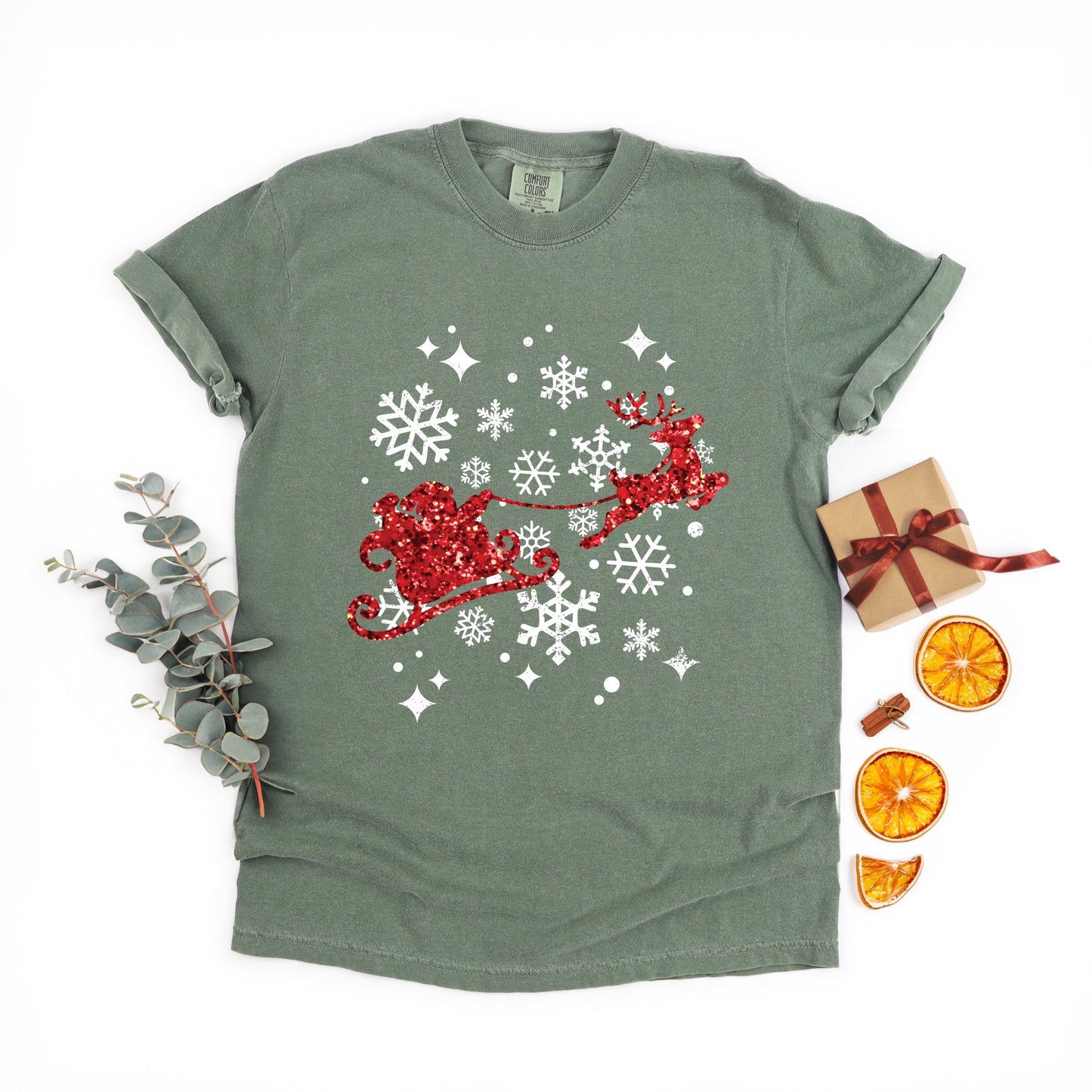 Santa Sleigh Glitter - Womens Garment Dyed Tee