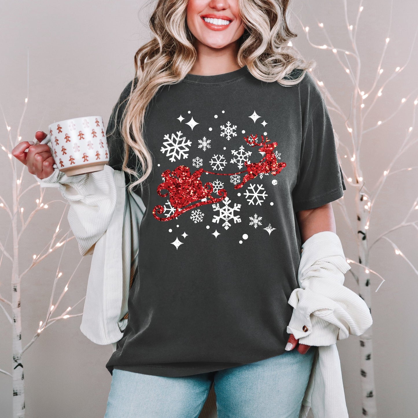 Santa Sleigh Glitter - Womens Garment Dyed Tee