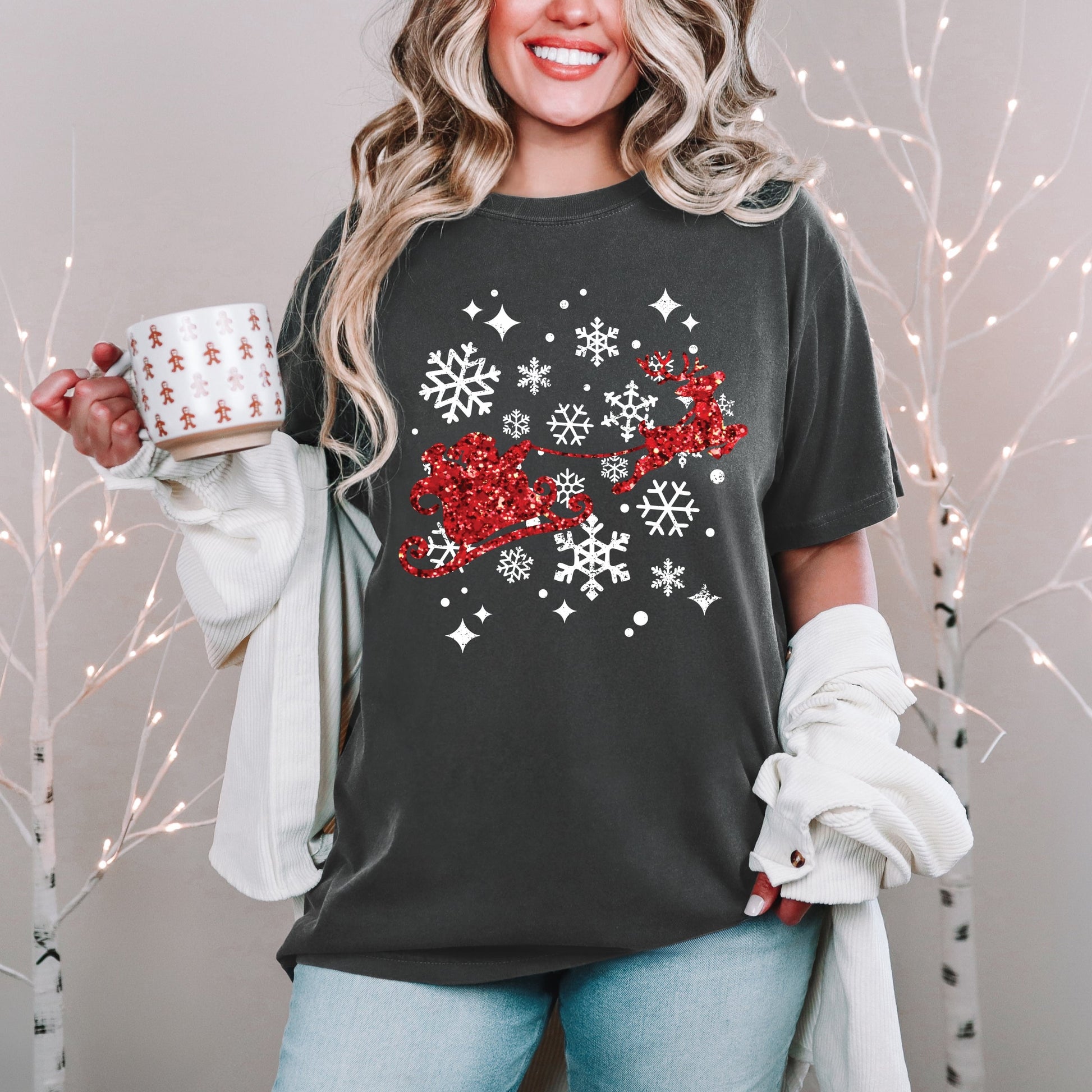 Santa Sleigh Glitter - Womens Garment Dyed Tee