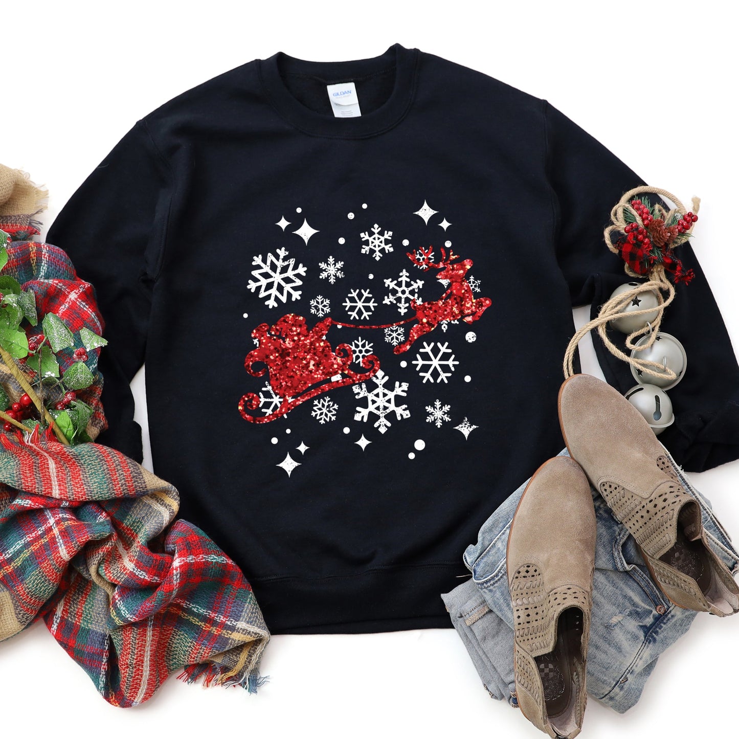 Santa Sleigh Glitter -  Womens Sweatshirt