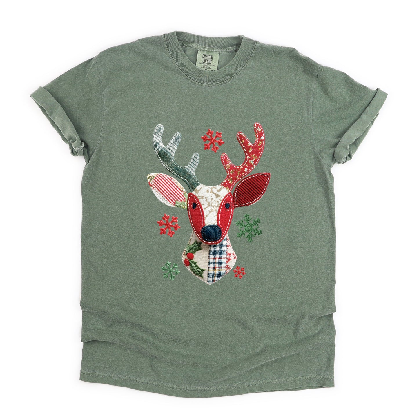 Reindeer Patchwork Print - Women's Garment Dyed Tee