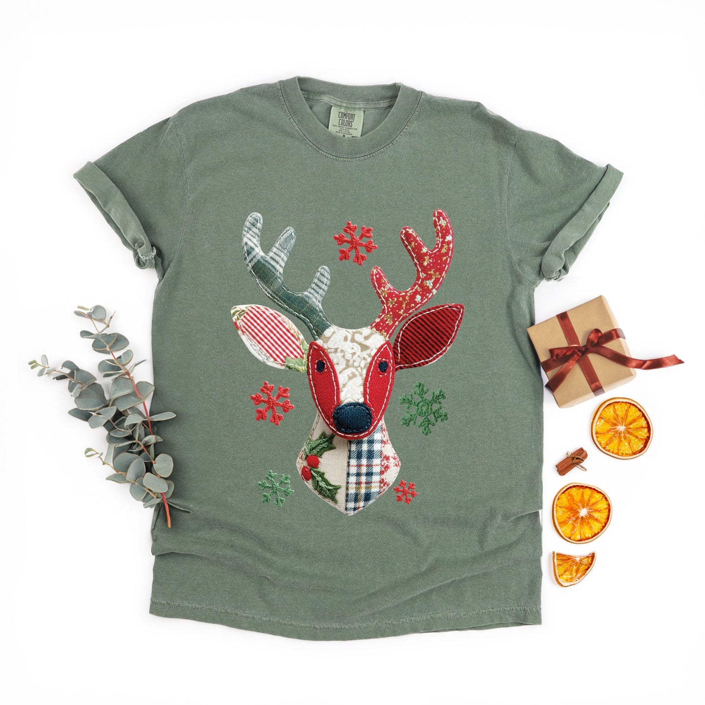 Reindeer Patchwork Print - Womens Garment Dyed Tee
