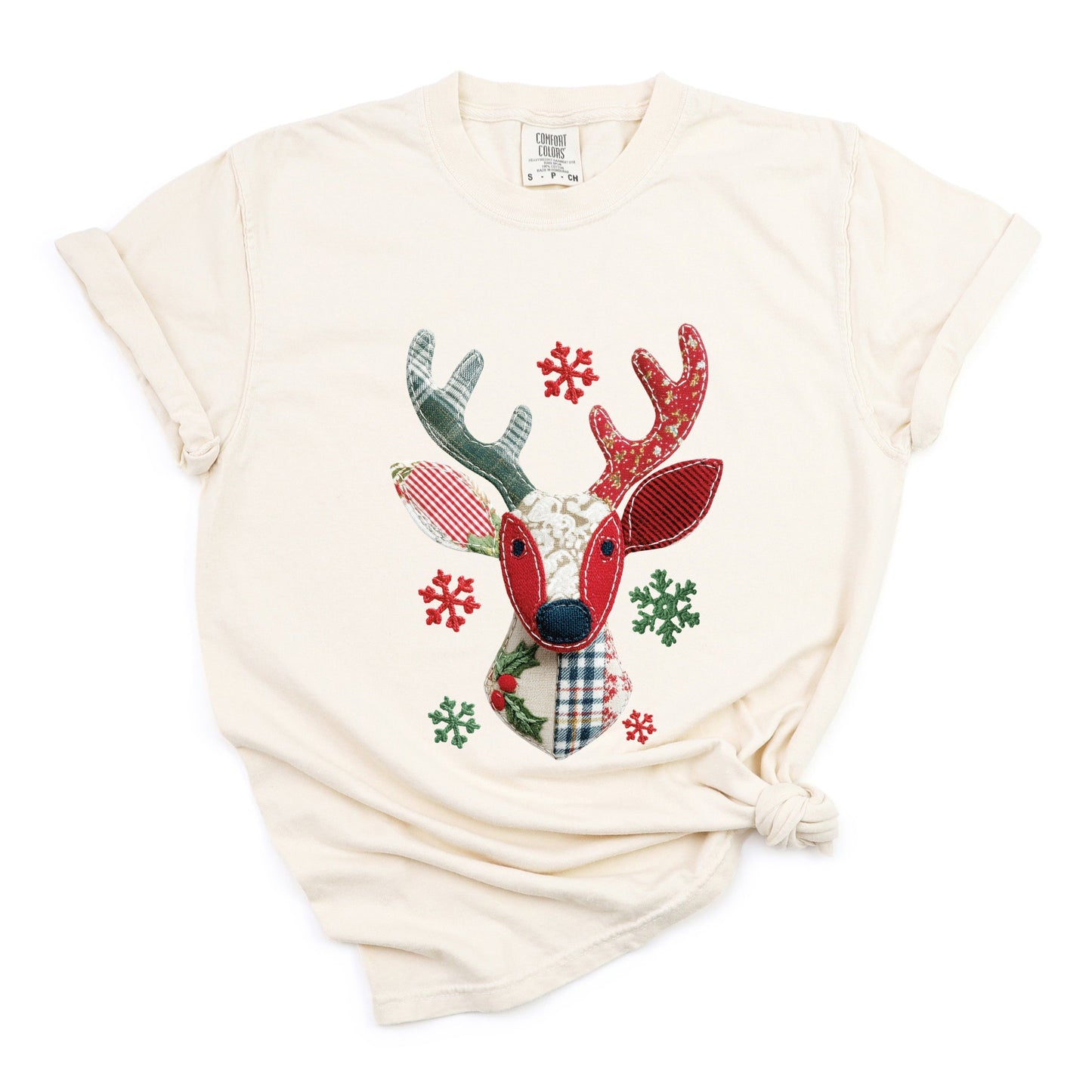 Reindeer Patchwork Print - Women's Garment Dyed Tee