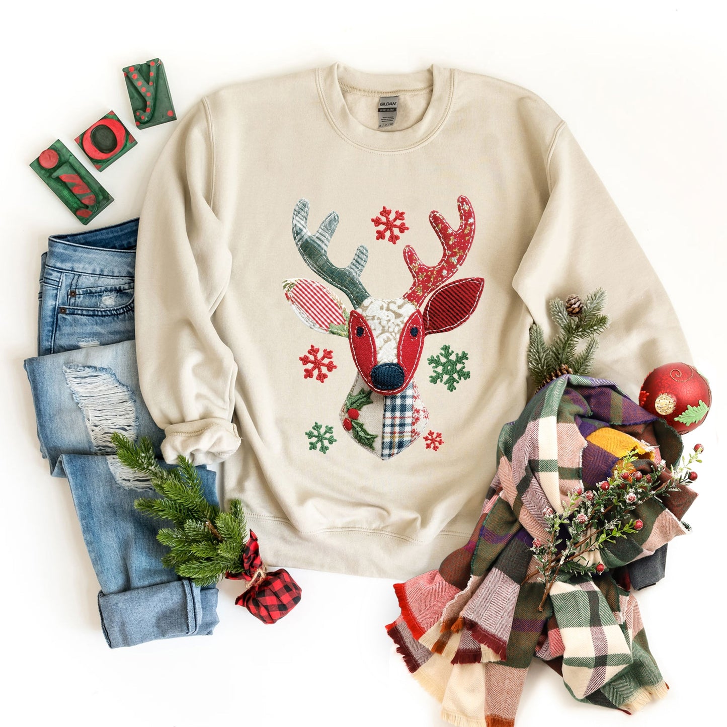 Reindeer Patchwork Print -  Womens Sweatshirt