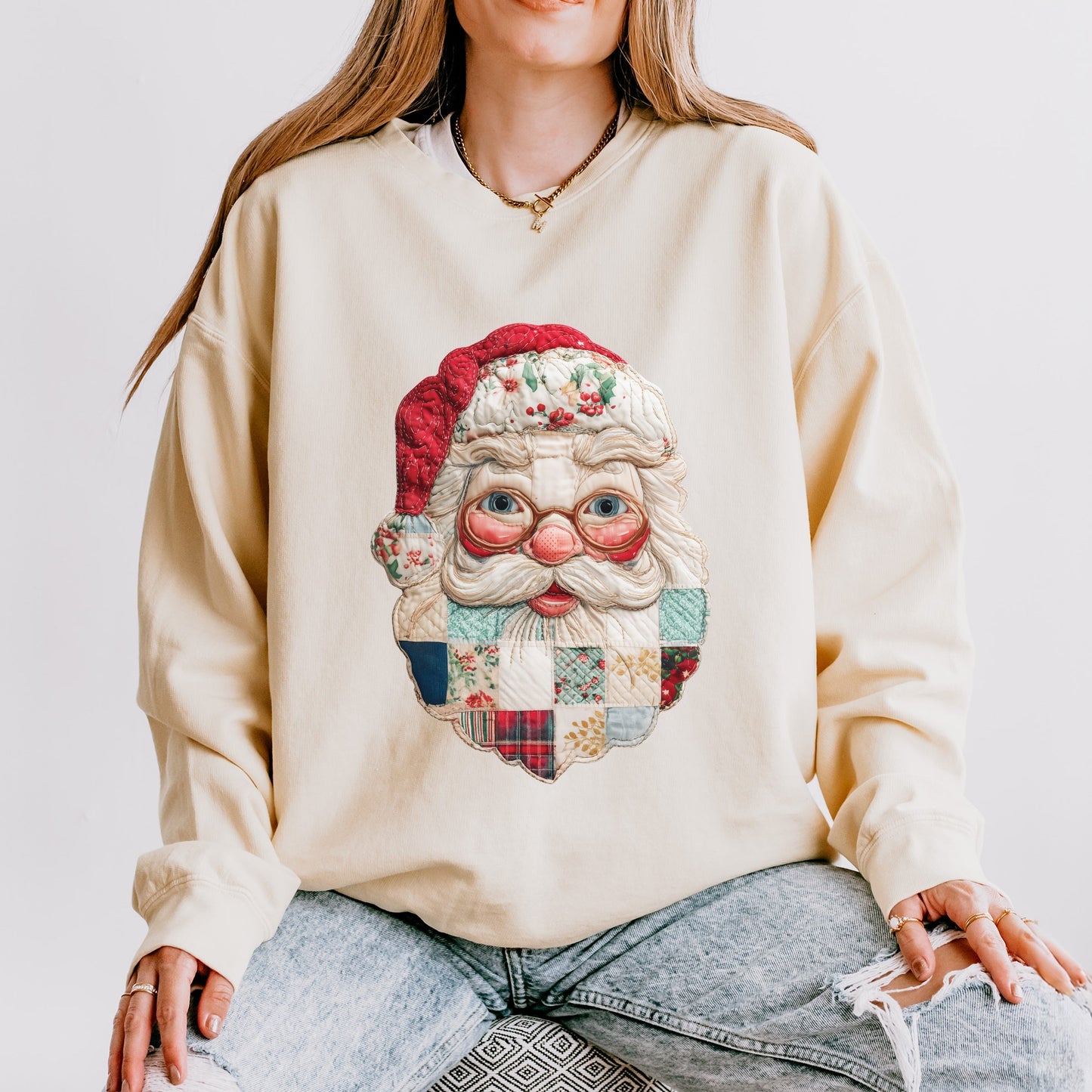 Santa Face Patchwork Print - Women's Lightweight Garment Dyed Sweatshirt