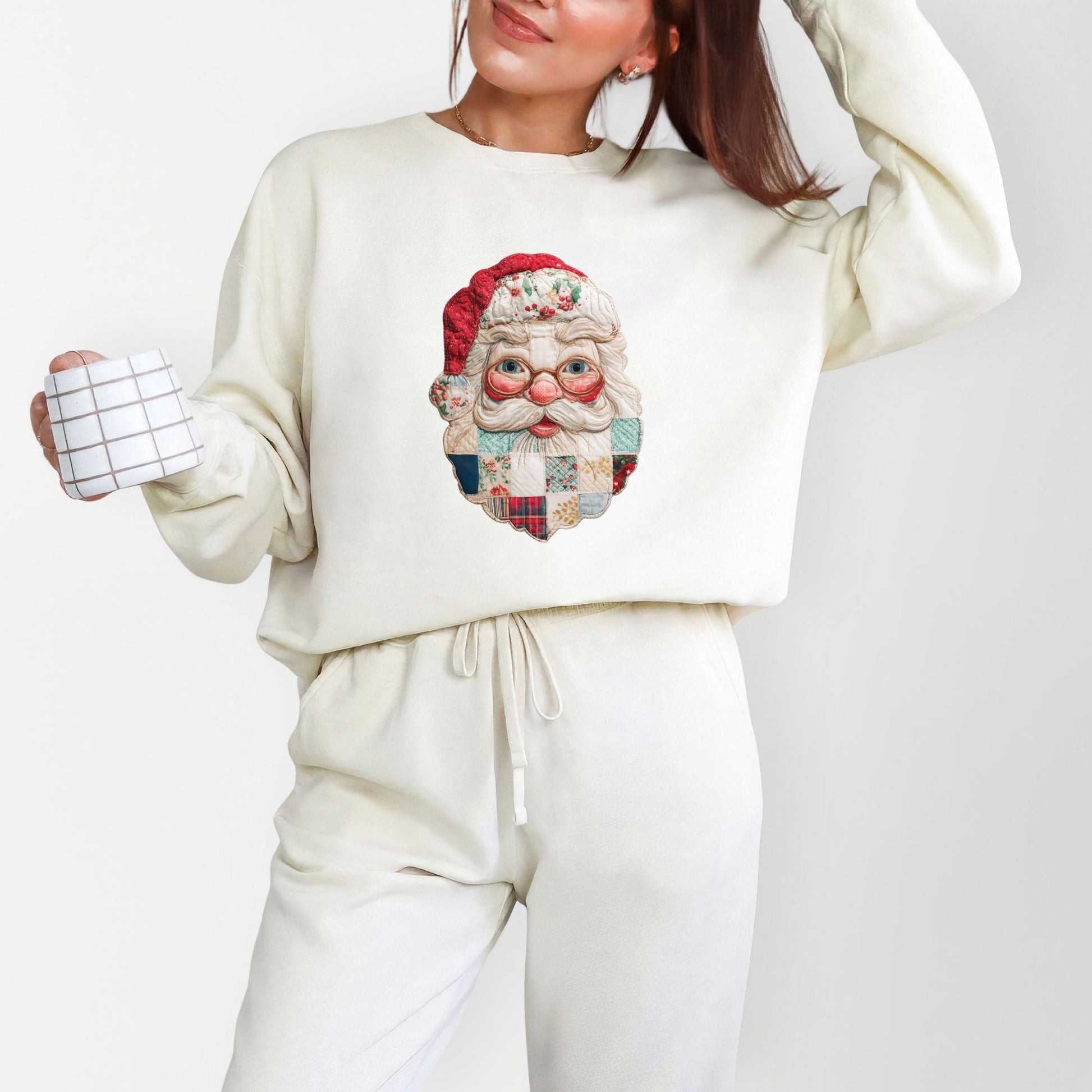 Santa Face Patchwork Print - Women's Lightweight Garment Dyed Sweatshirt
