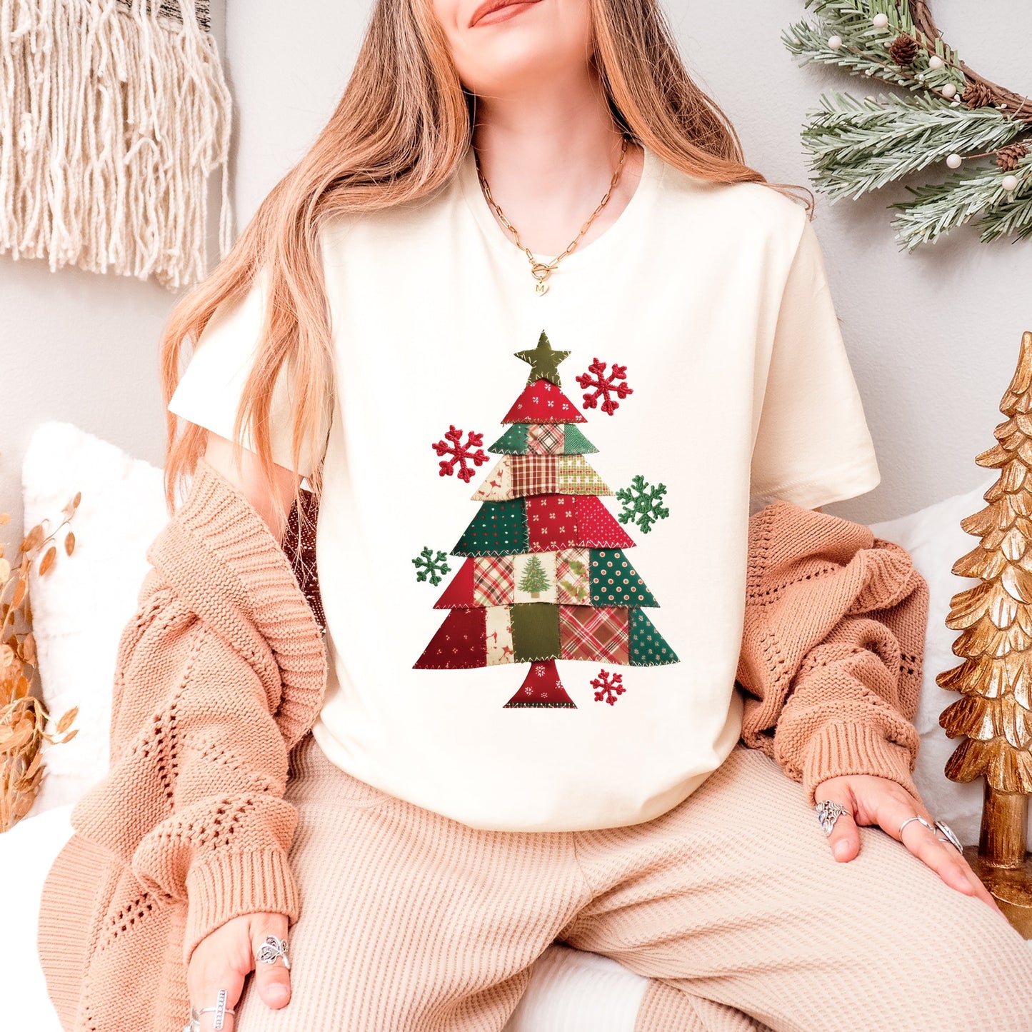 Christmas Tree Patchwork Print - Women's Short Sleeve Graphic T-Shirt